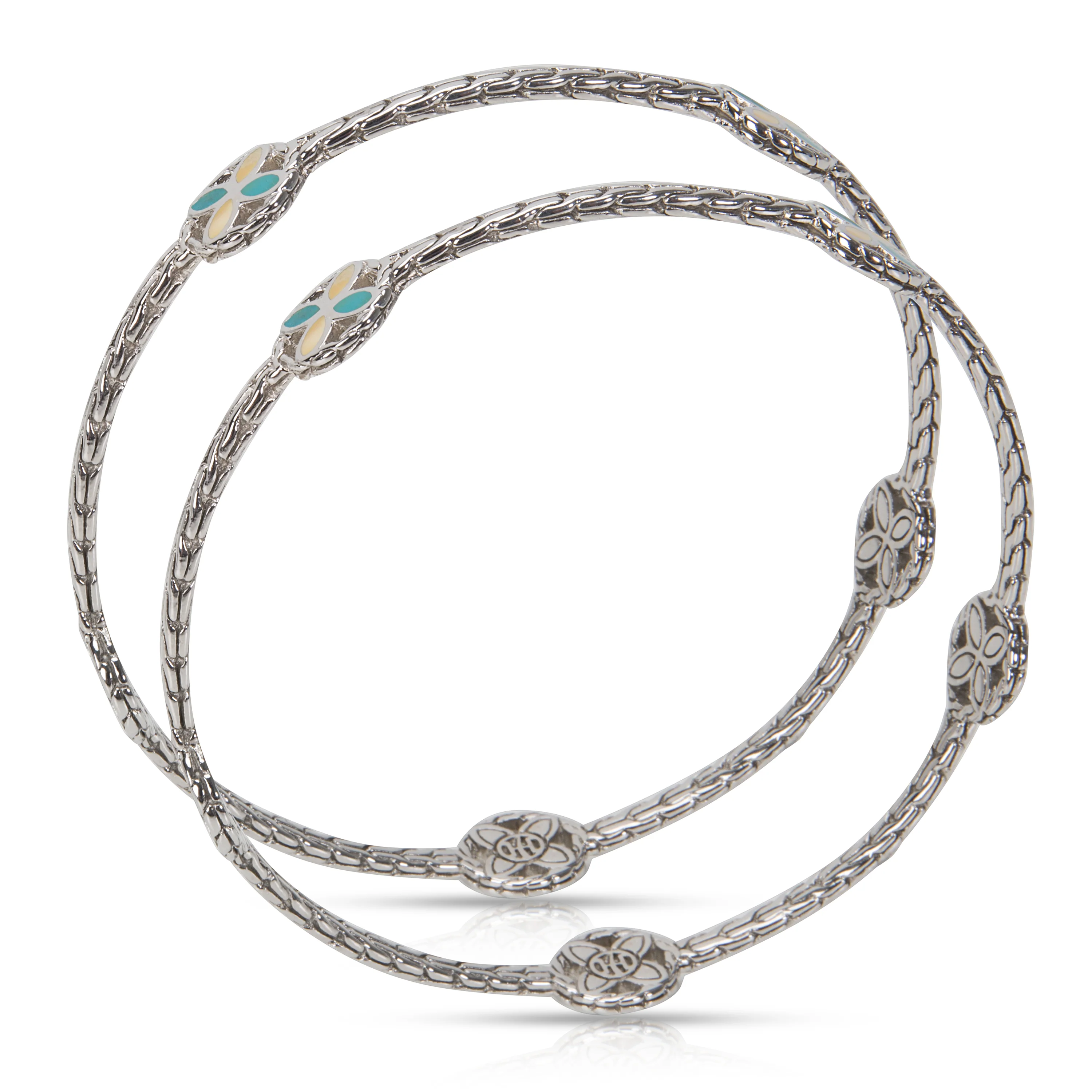 Batu Kawung Bangles 5 Flower Stations, Turquoise & Ivory in Sterling - Image 2