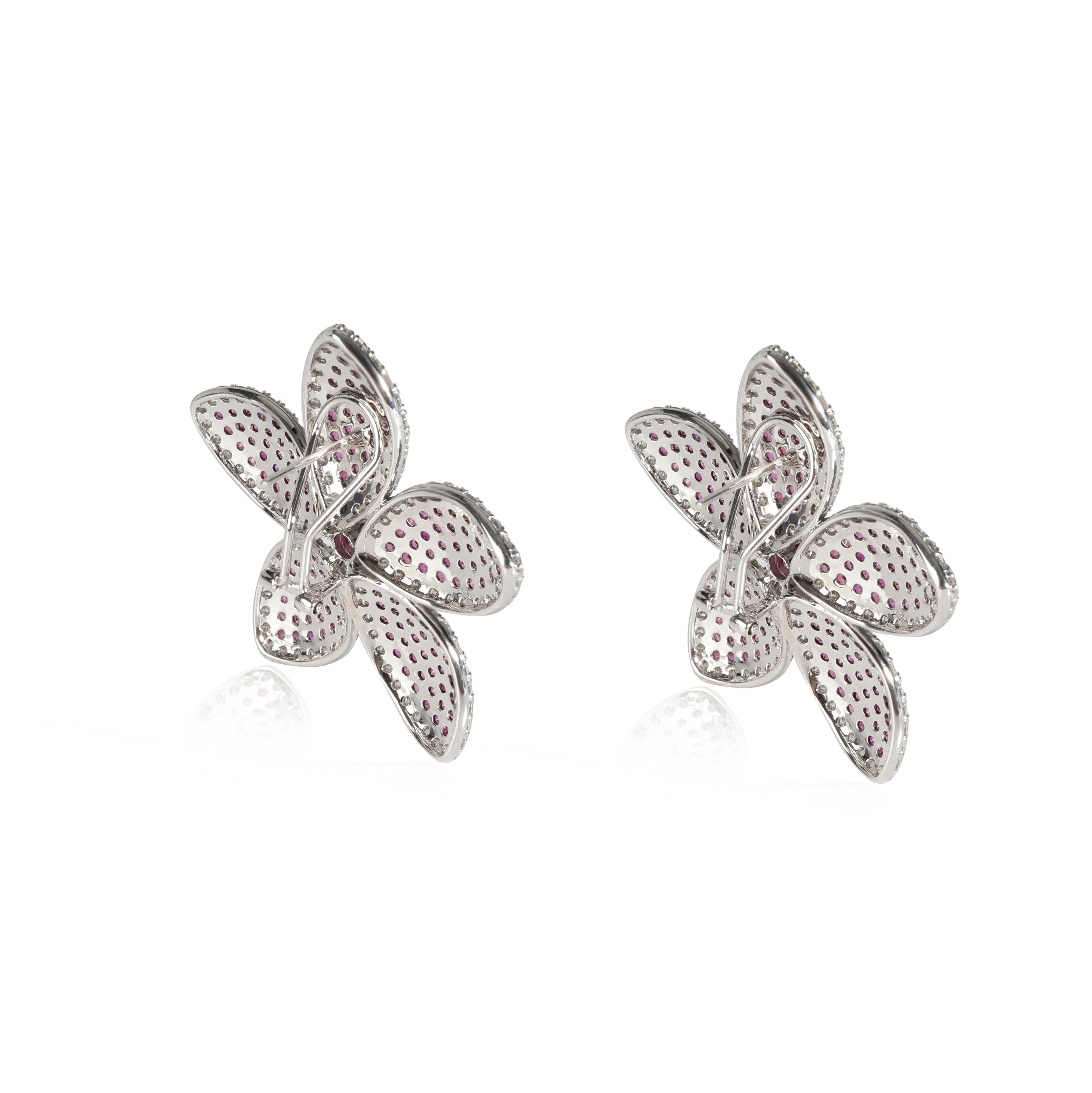 Ruby Diamond Five Petal Flower Earrings in 18K White Gold 5.75 Ctw - Image 3