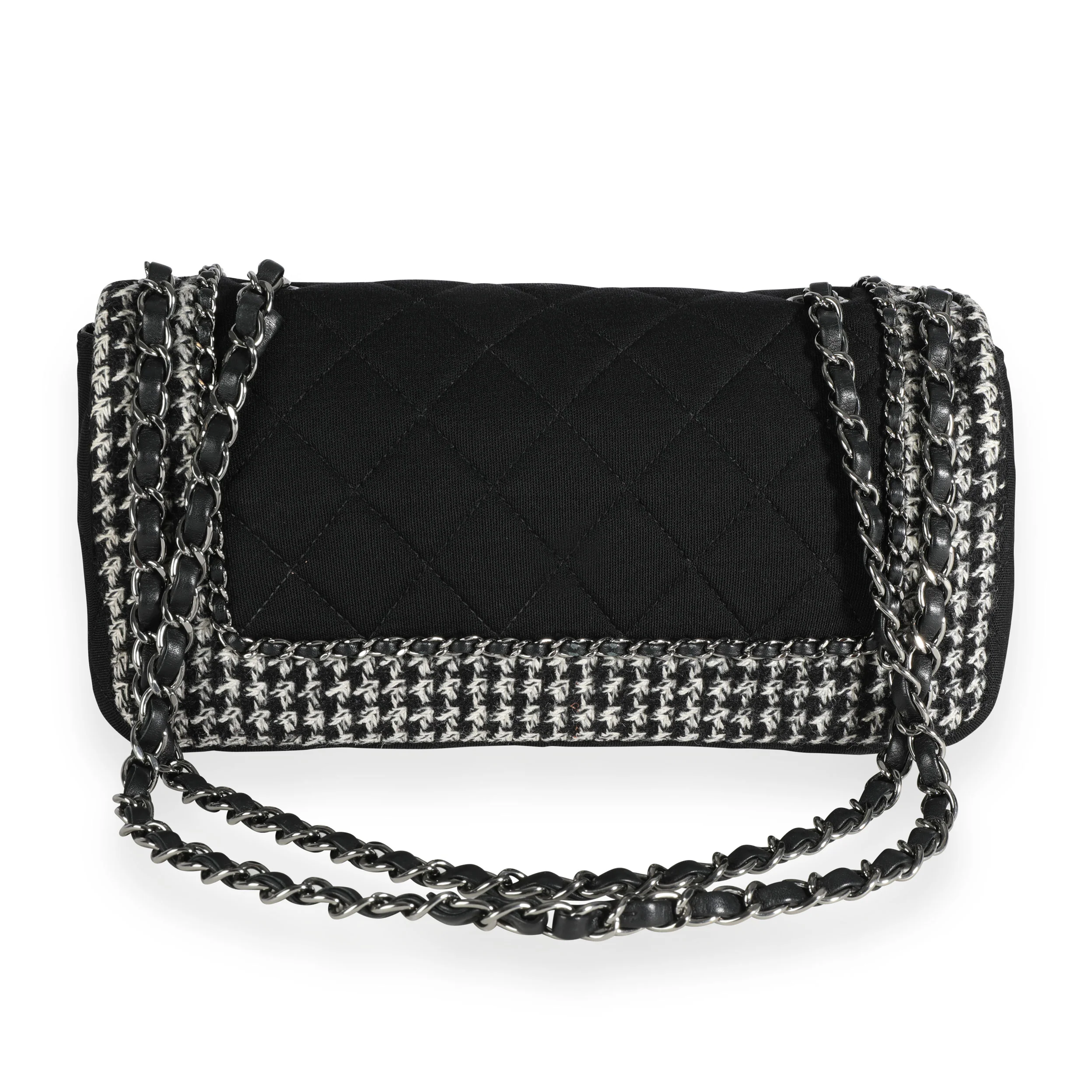 Chanel Black & White Jersey and Houndstooth Boucle Single Flap Bag - Image 3