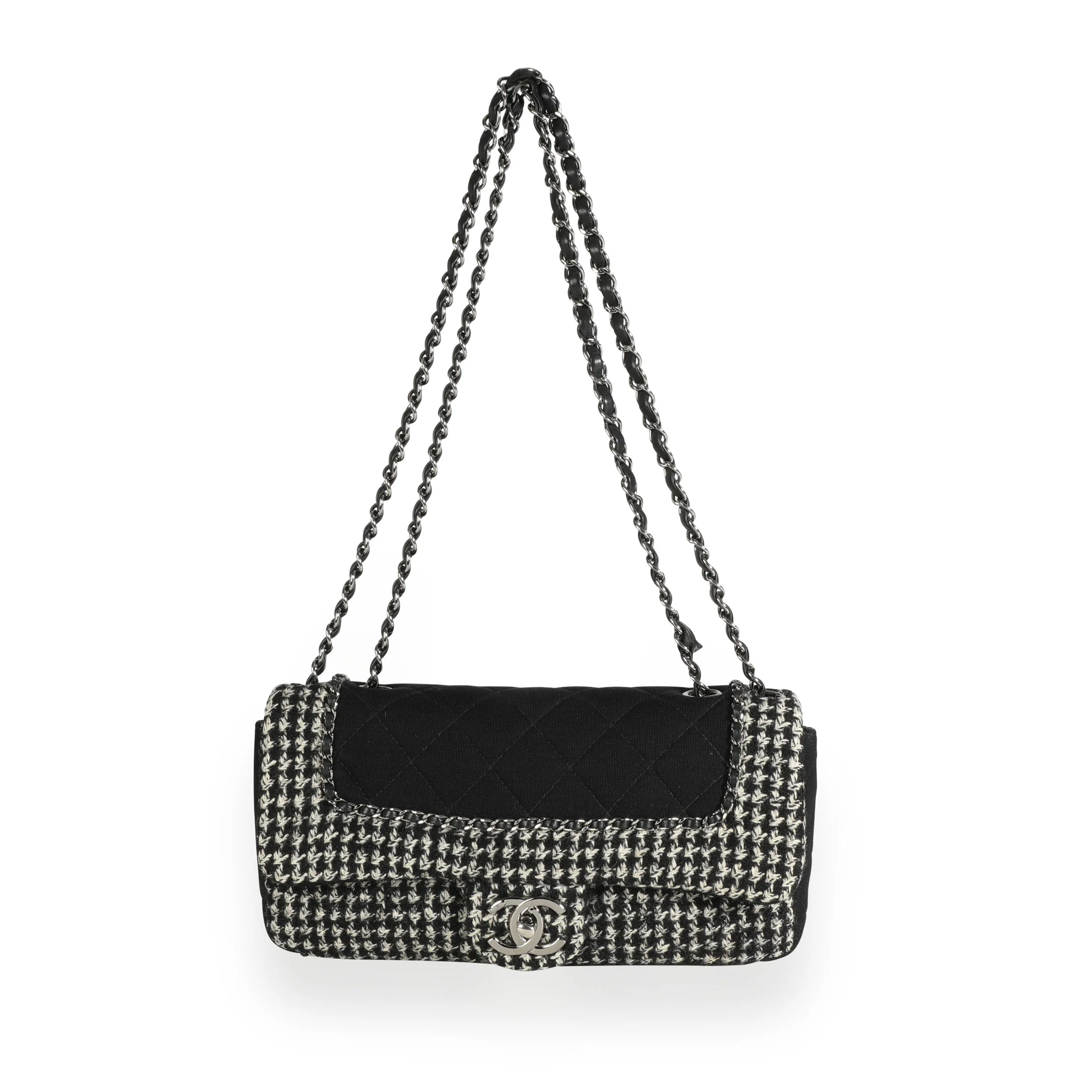 Chanel Black & White Jersey and Houndstooth Boucle Single Flap Bag - Image 4