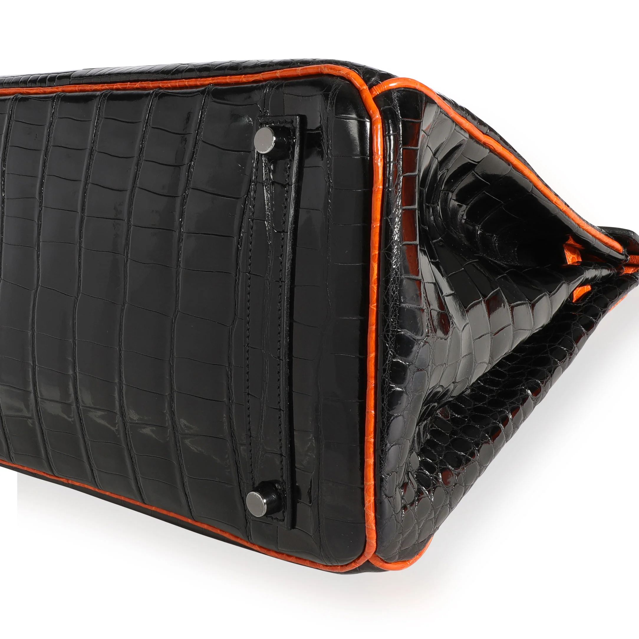 Hermès Limited Edition Black & Orange Shiny Porosus Crocodile Birkin 35 PHW - Image 6