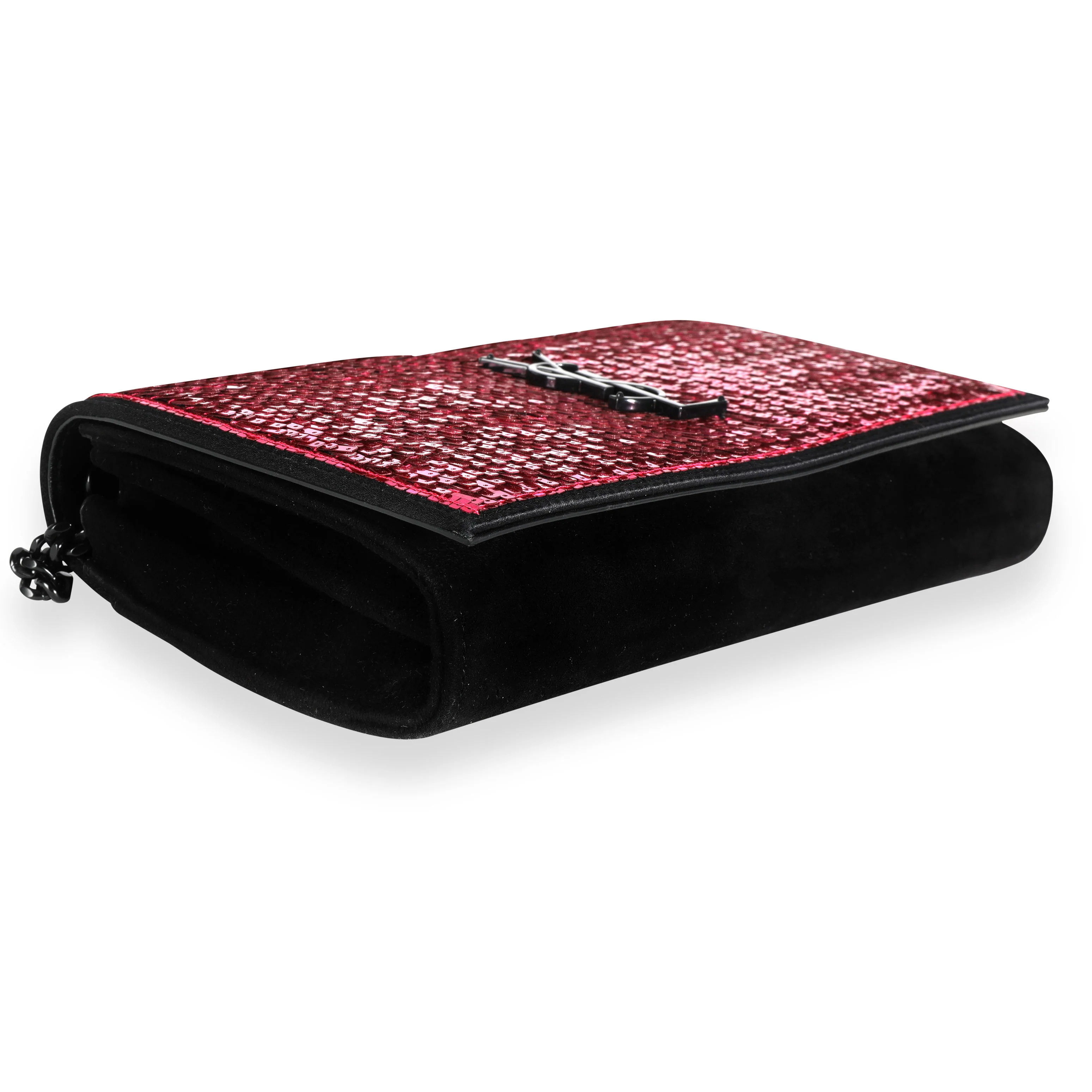 Saint Laurent Pink Paillette & Black Suede Monogram Kate Chain Wallet - Image 6