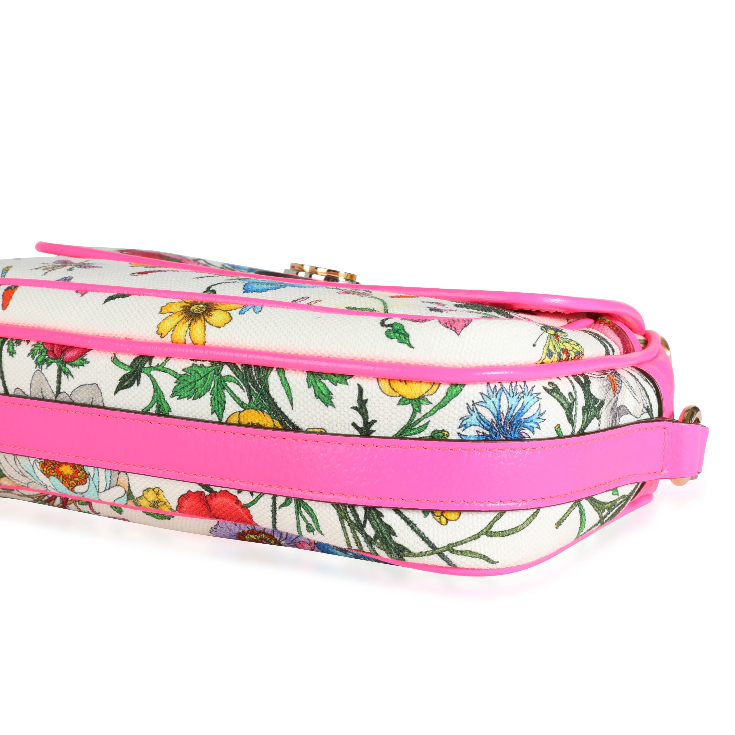 Gucci Flora Canvas & Neon Pink Leather Small Shoulder Bag - Image 6