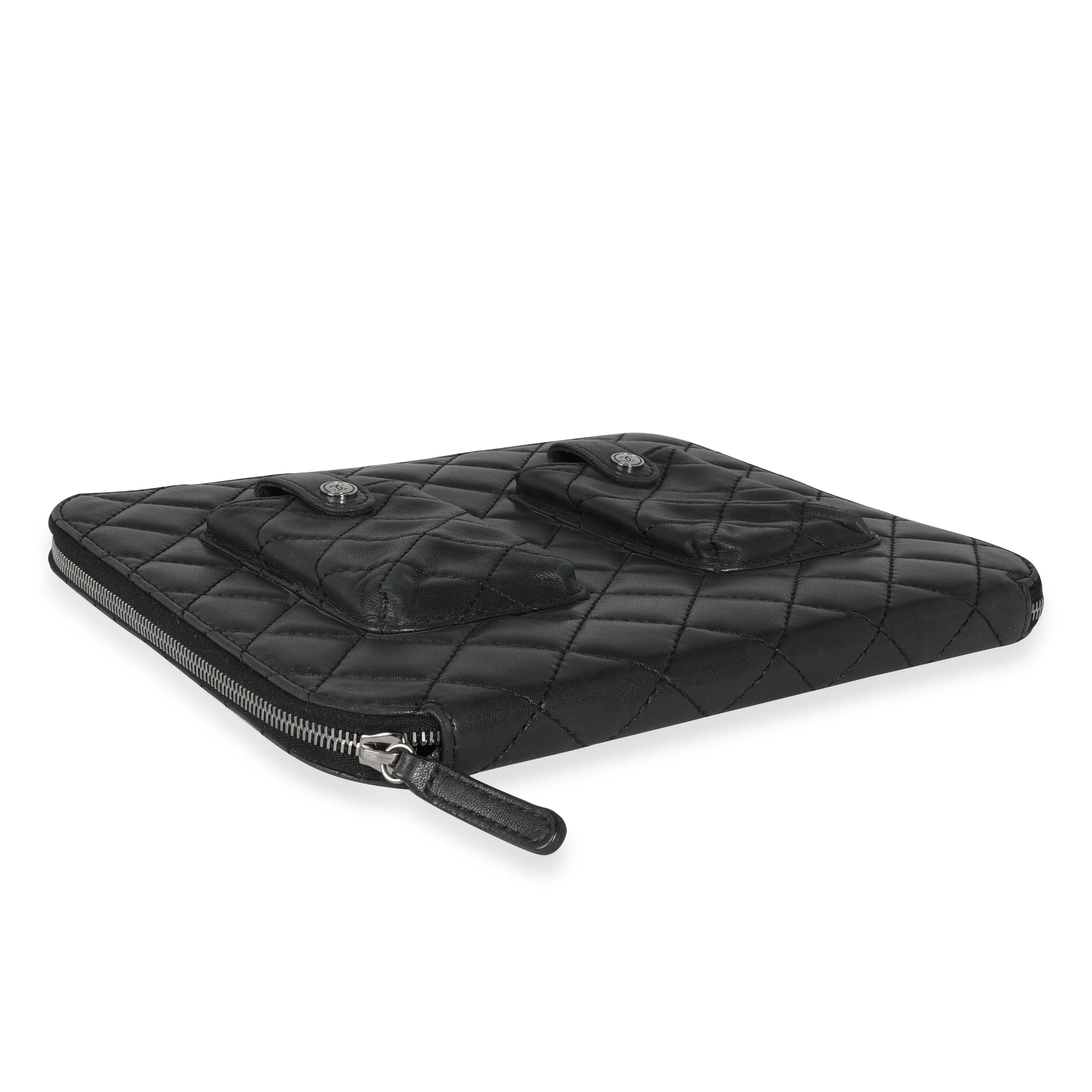 Chanel Black Quilted Lambskin Double Pocket Zip Around iPad Case - Image 4