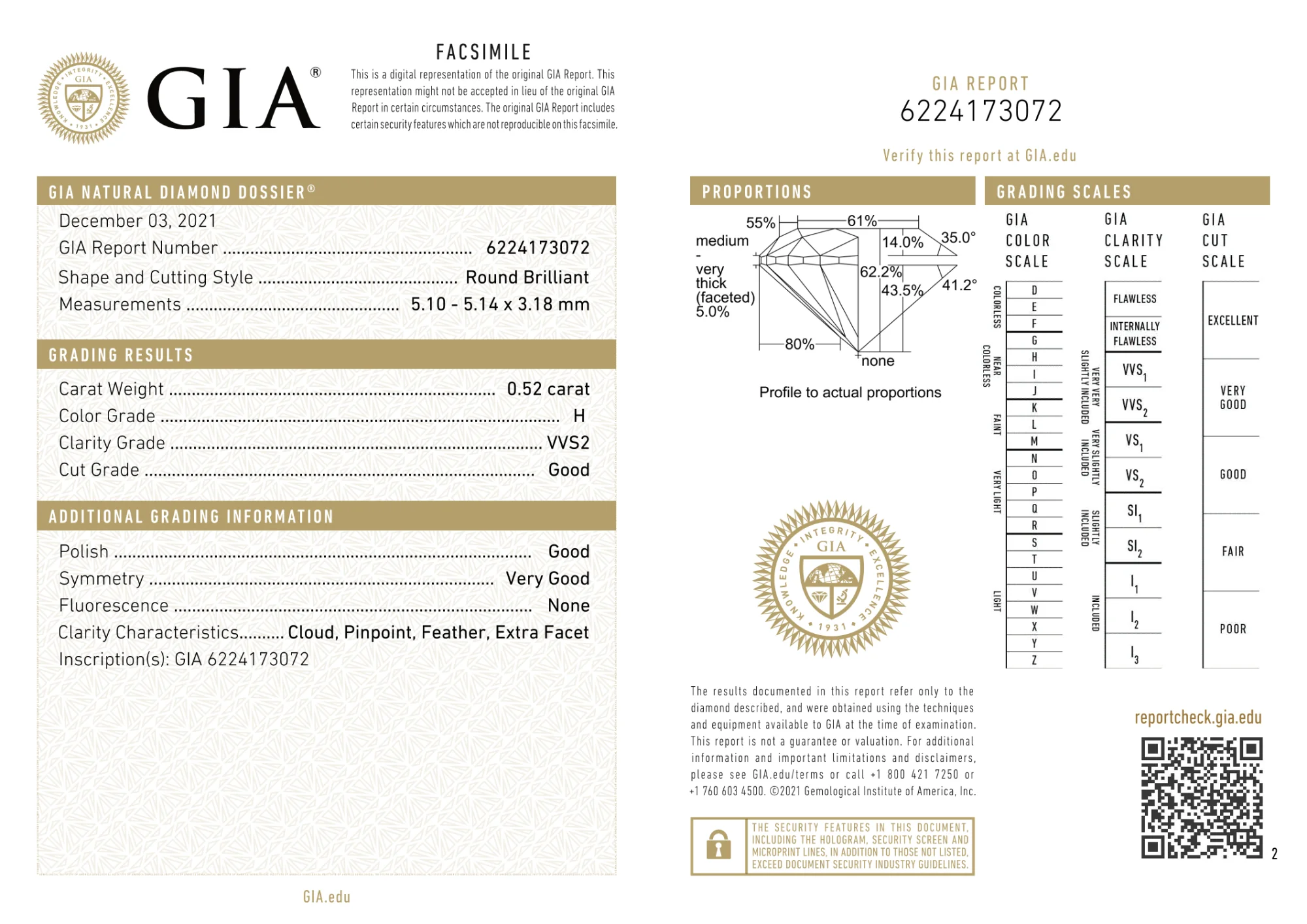 GIA Certified 0.52 Ct Round cut H VVS2 Loose Diamond - Image 2