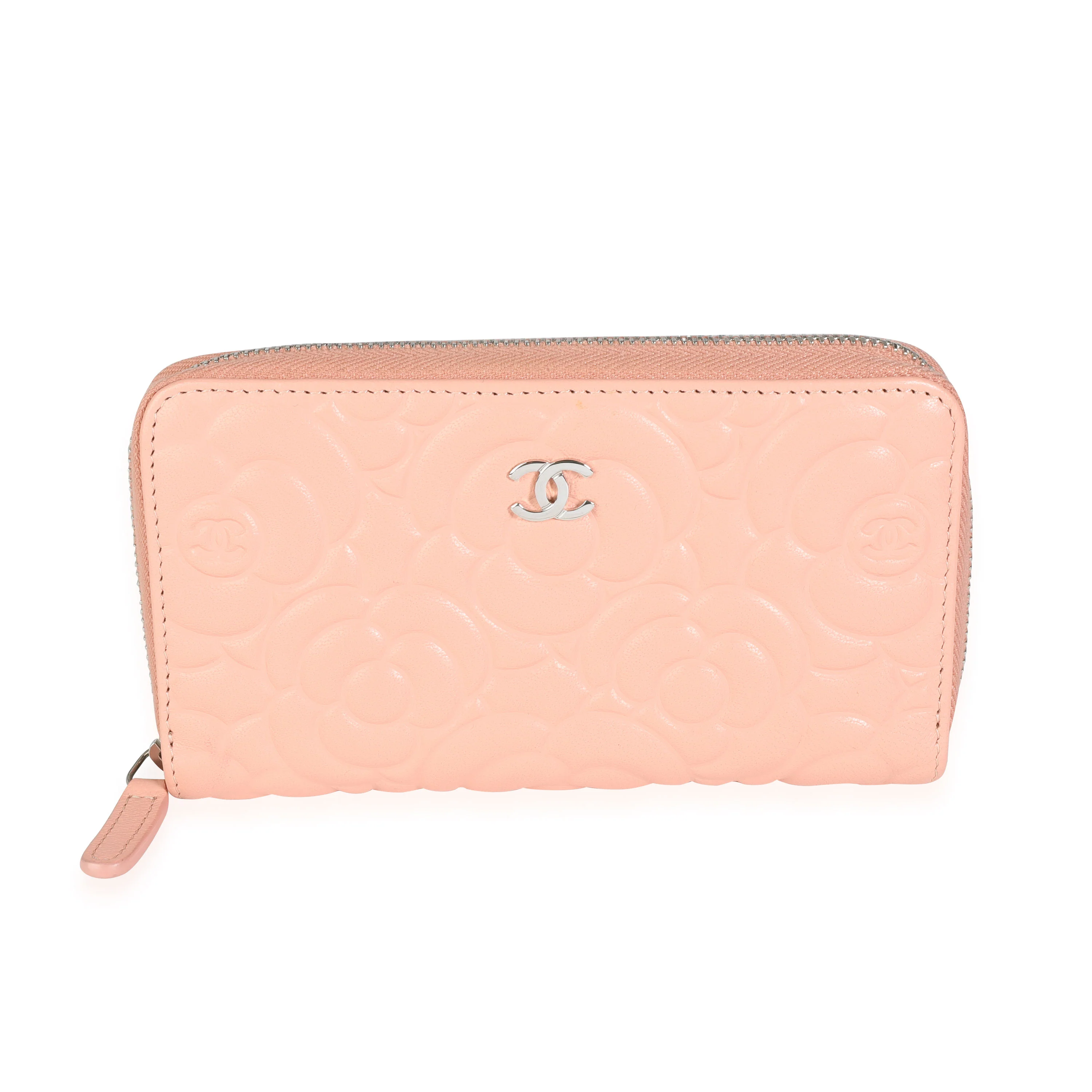 Chanel Peach Pink Camellia Embossed Zip Around Wallet