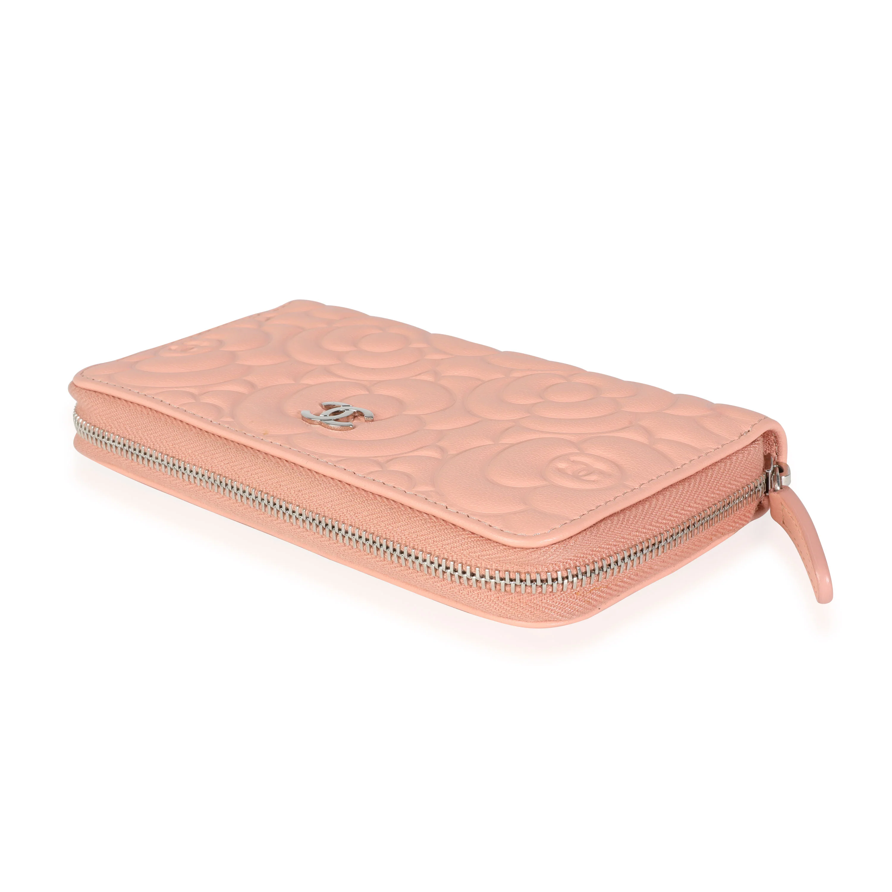 Chanel Peach Pink Camellia Embossed Zip Around Wallet - Image 3
