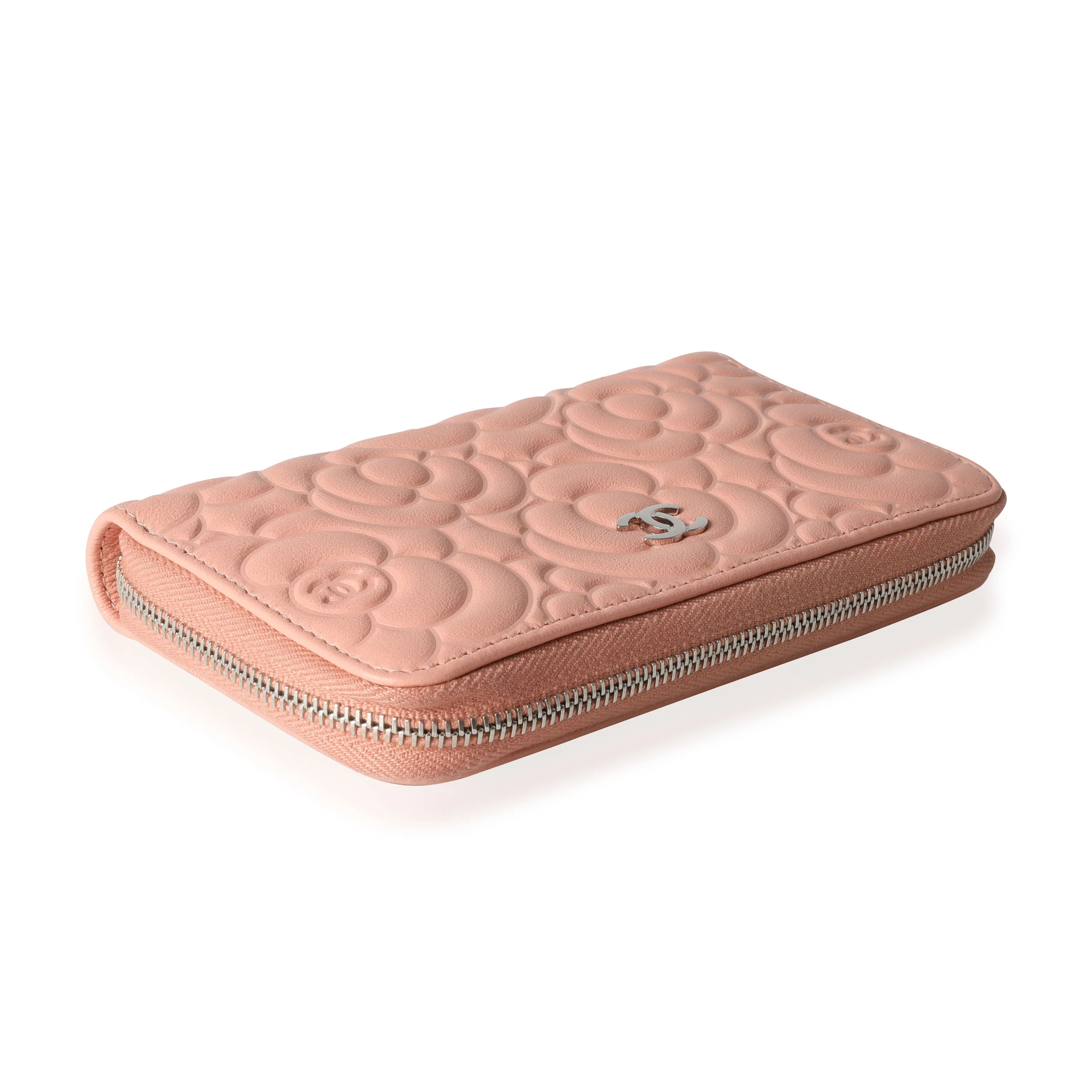 Chanel Peach Pink Camellia Embossed Zip Around Wallet - Image 5