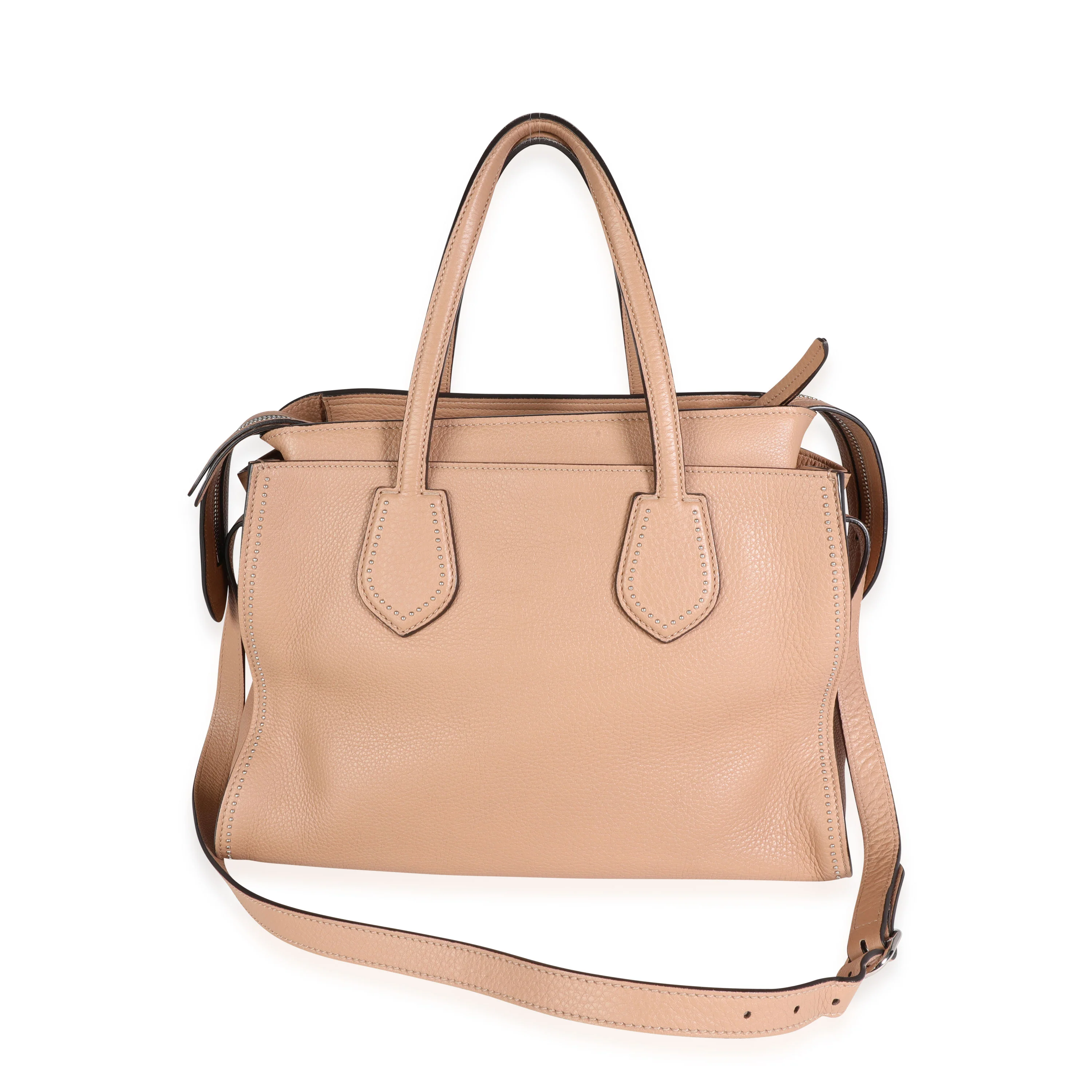 Gucci Tan Pebbled Leather Studded Ramble Satchel - Image 3
