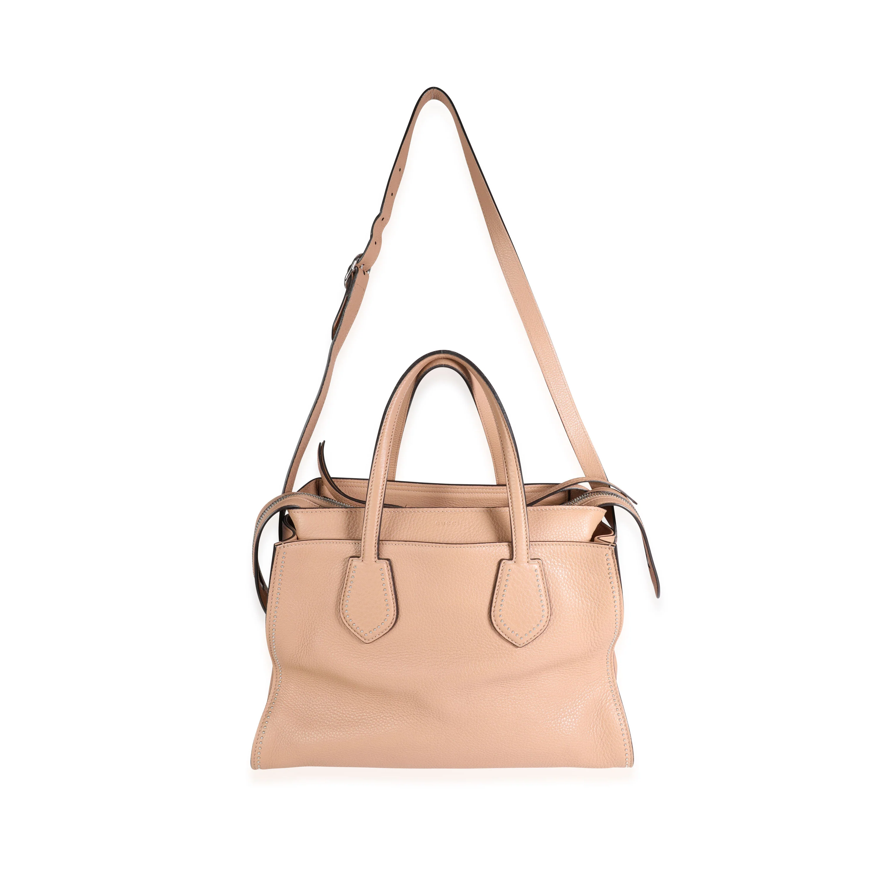 Gucci Tan Pebbled Leather Studded Ramble Satchel - Image 4