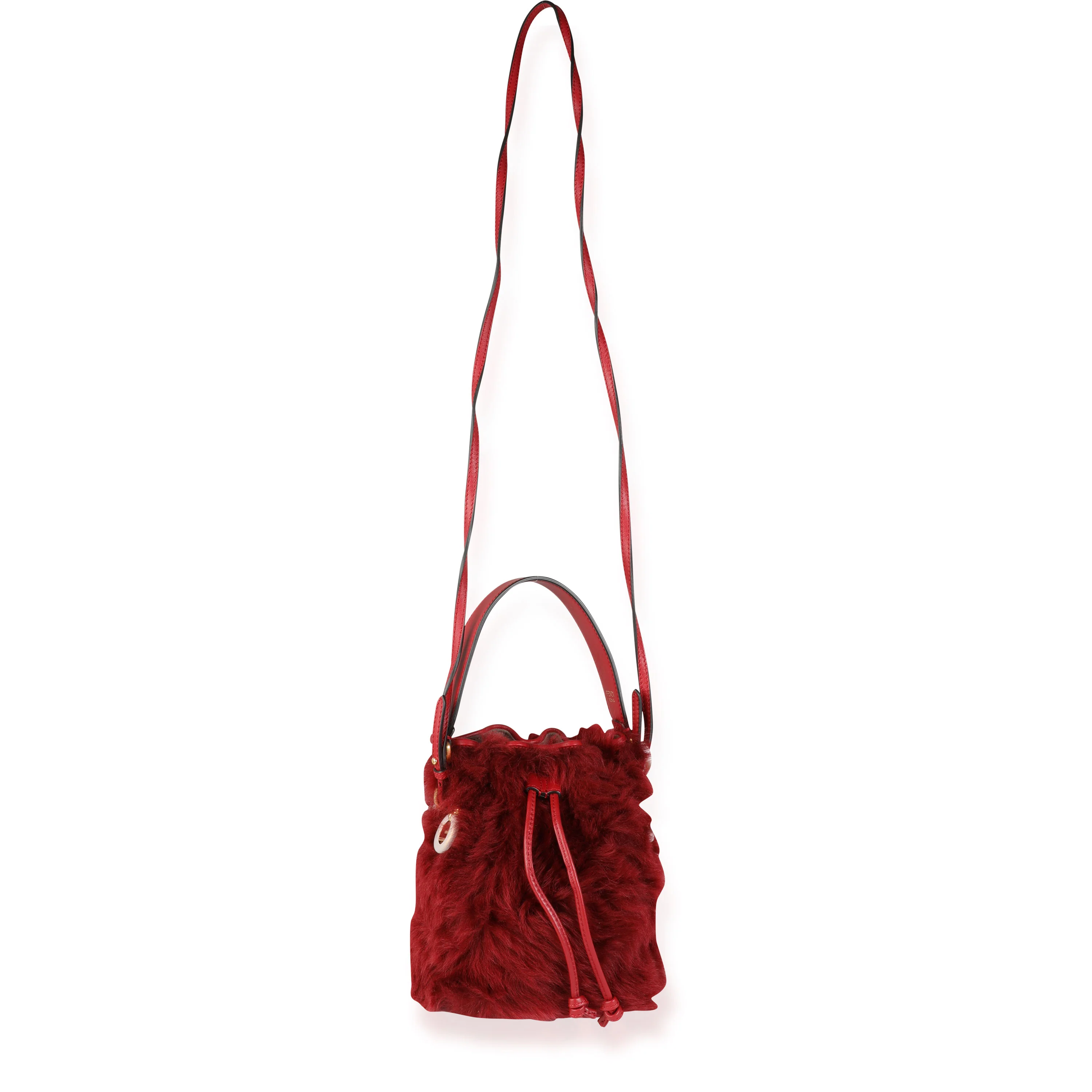 Red Lamb Fur & Calfskin Leather Mini Mon Trésor Bucket Bag - Image 4