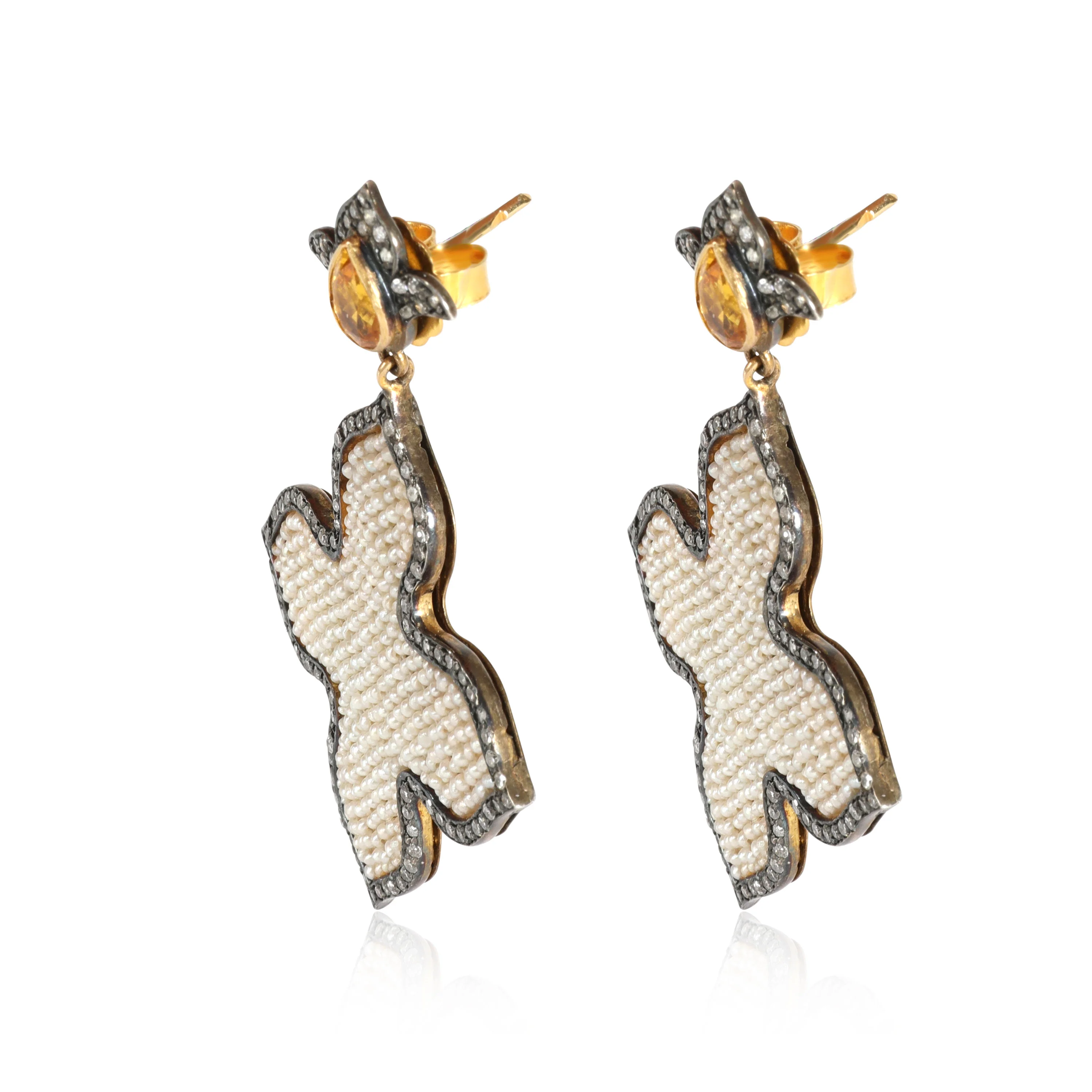 Handmade Venetian Pearl, Citrine & Diamond Earrings, Silver & 18K YG 1/1 Ctw - Image 2