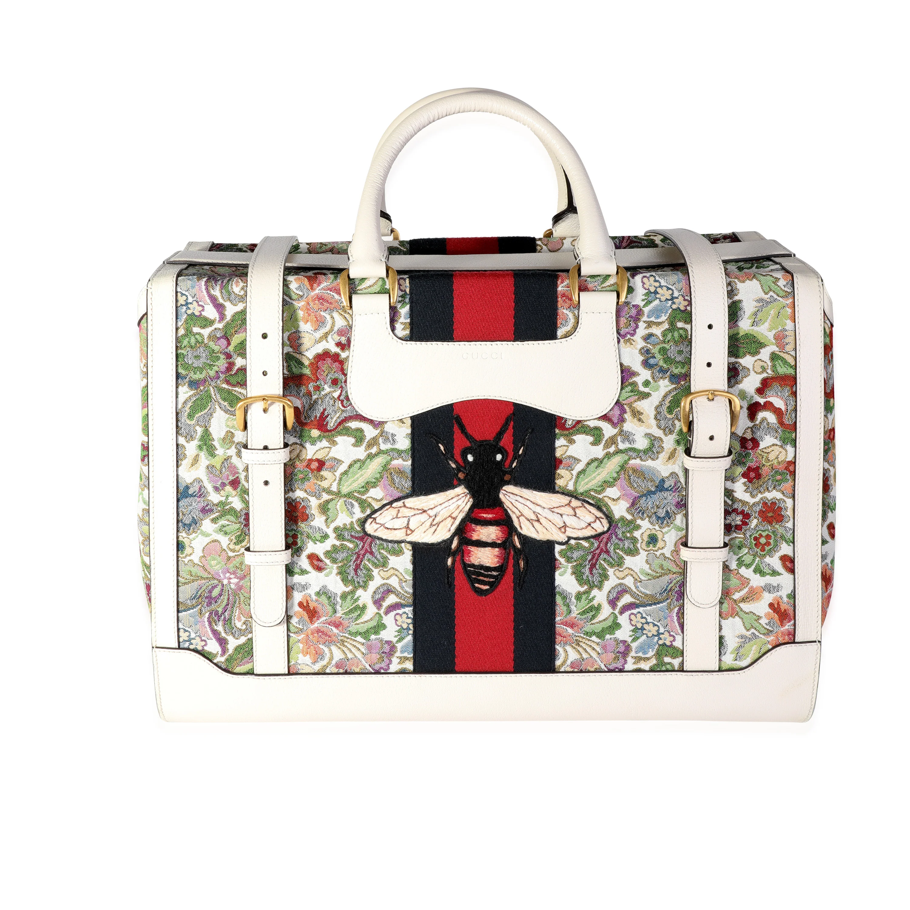 Gucci Ivory Leather & Web Floral Tapestry Duffle Bag