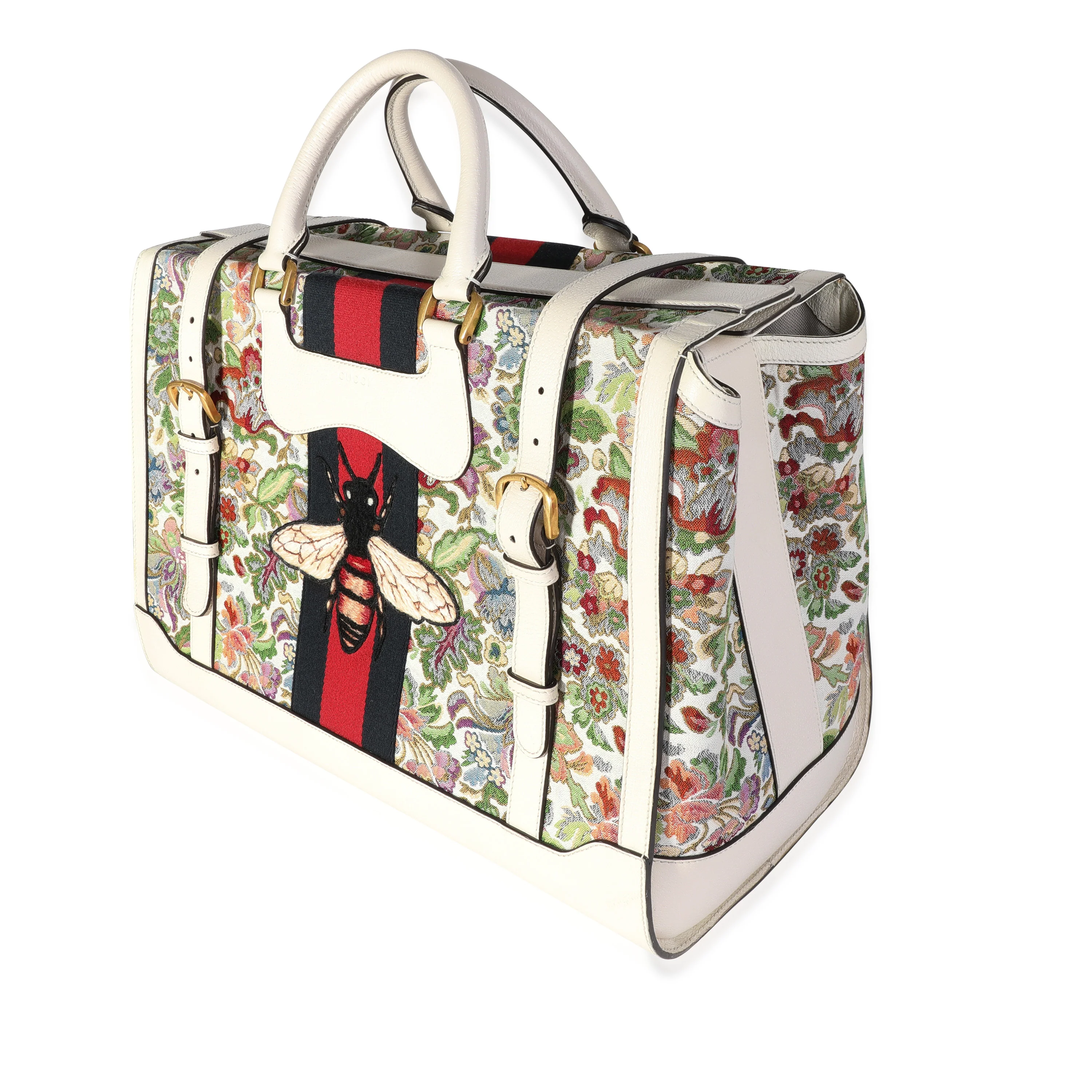 Gucci Ivory Leather & Web Floral Tapestry Duffle Bag - Image 2