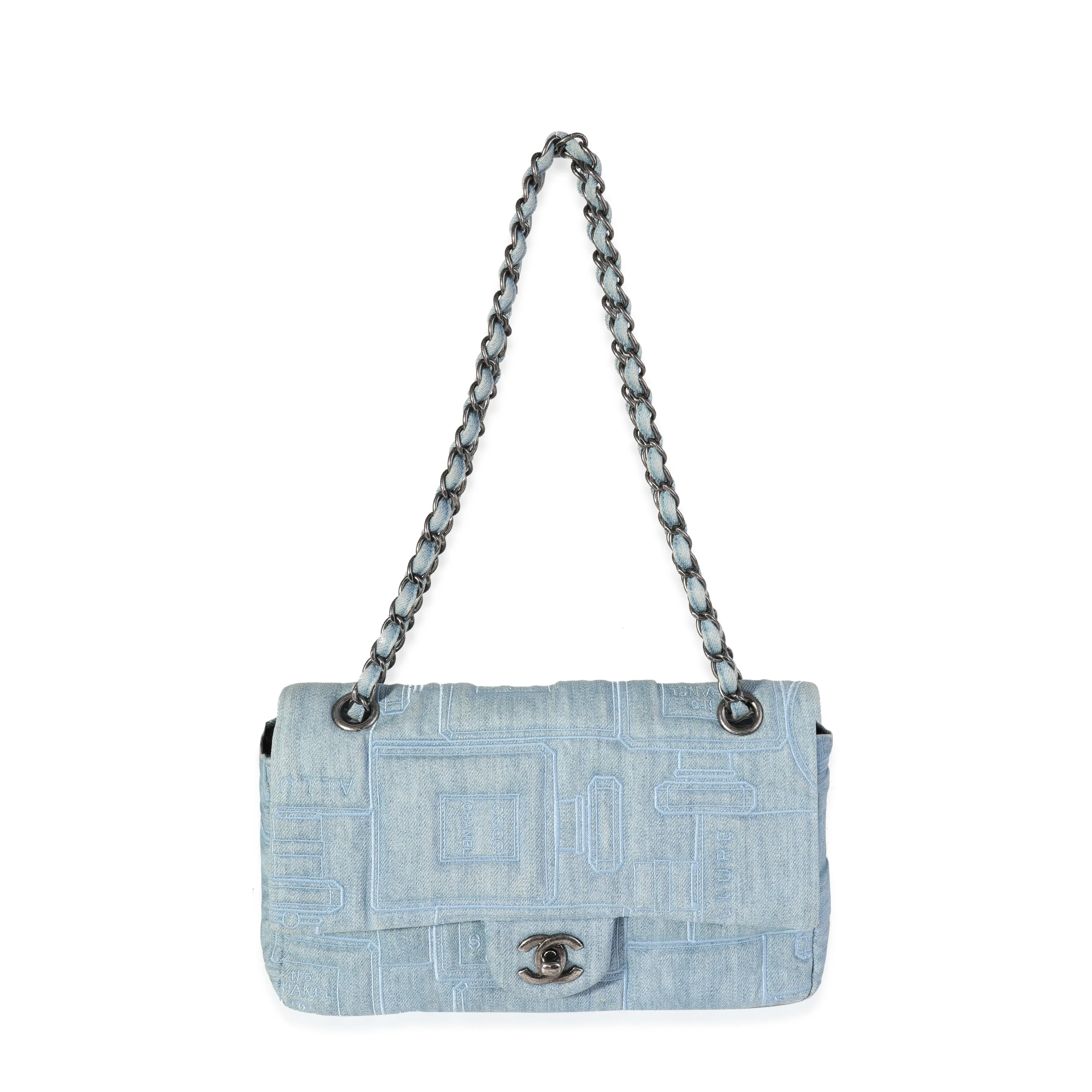 Chanel Light Blue Denim & Black Medium Perfume Bottle Embroidery Flap Bag - Image 4