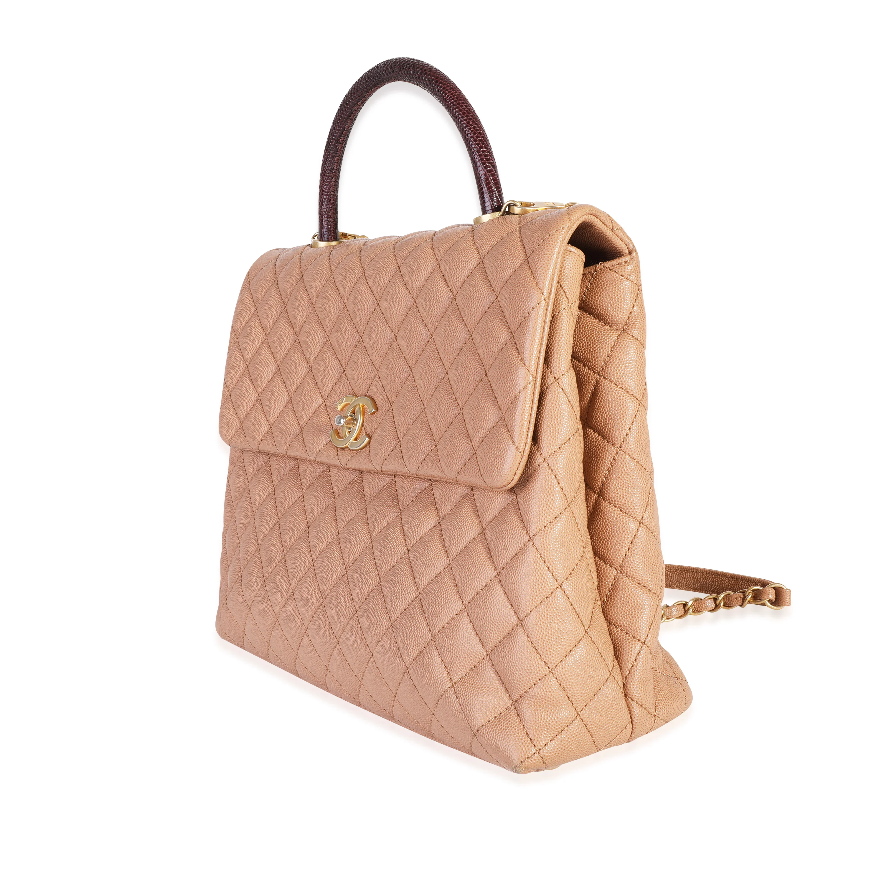 Beige Quilted Caviar & Burgundy Lizard Large Coco Handle Flap Bag - Image 2