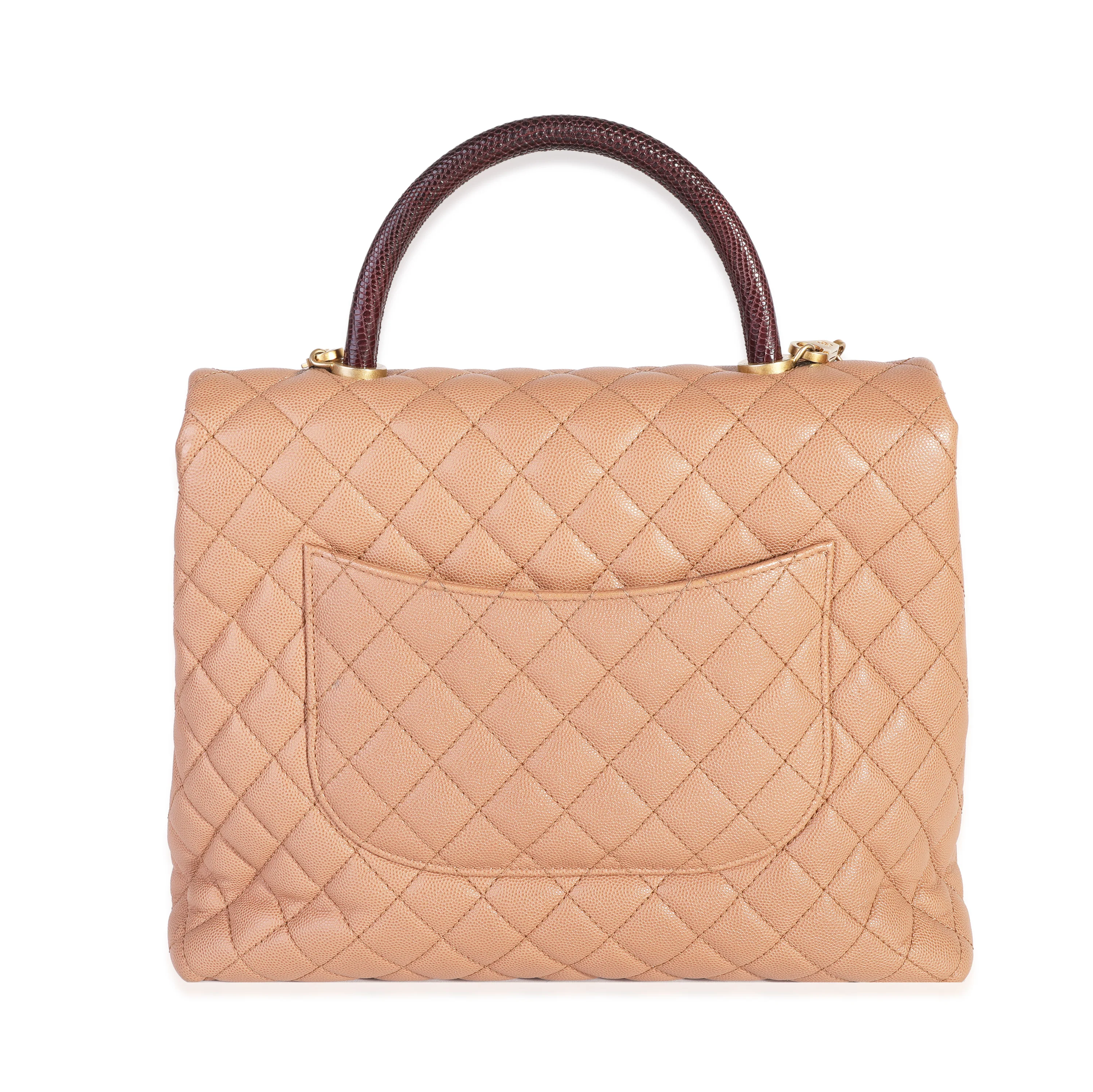 Beige Quilted Caviar & Burgundy Lizard Large Coco Handle Flap Bag - Image 3