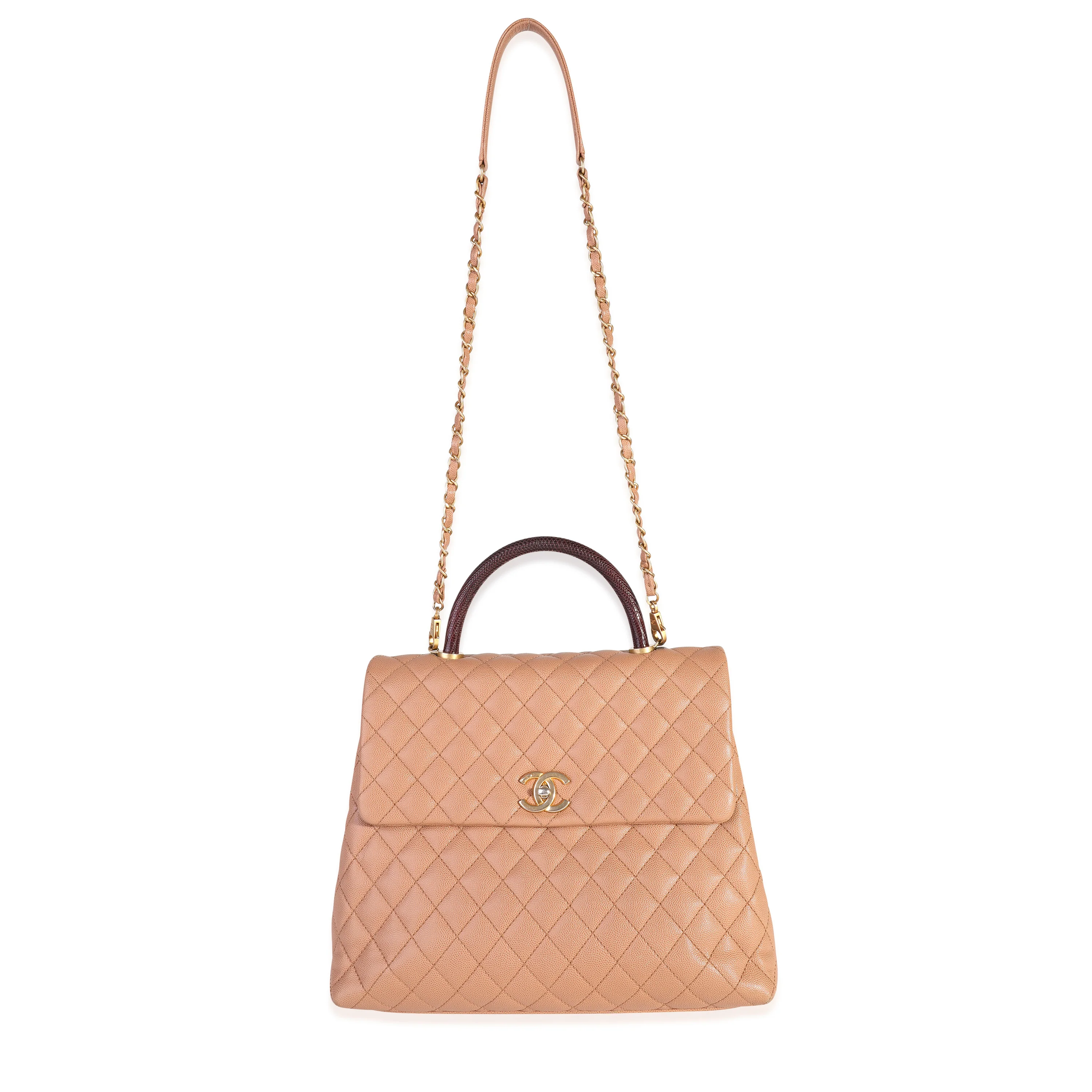 Beige Quilted Caviar & Burgundy Lizard Large Coco Handle Flap Bag - Image 9