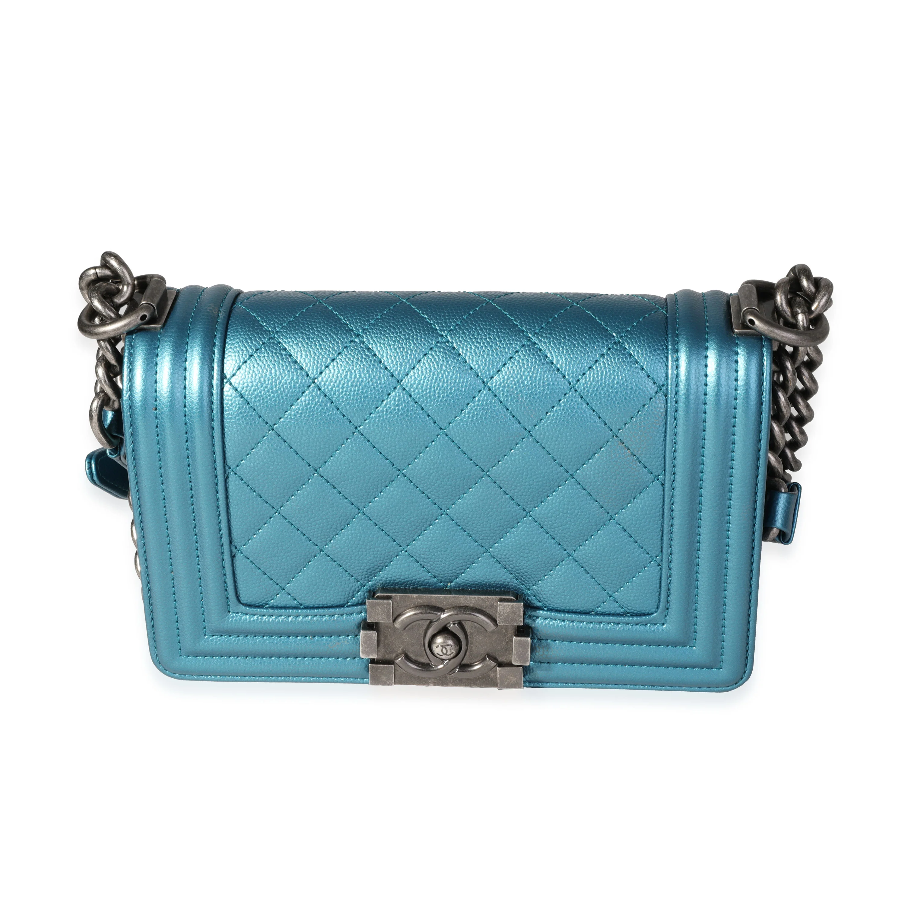 Chanel Blue Metallic Quilted Caviar Small Boy Bag