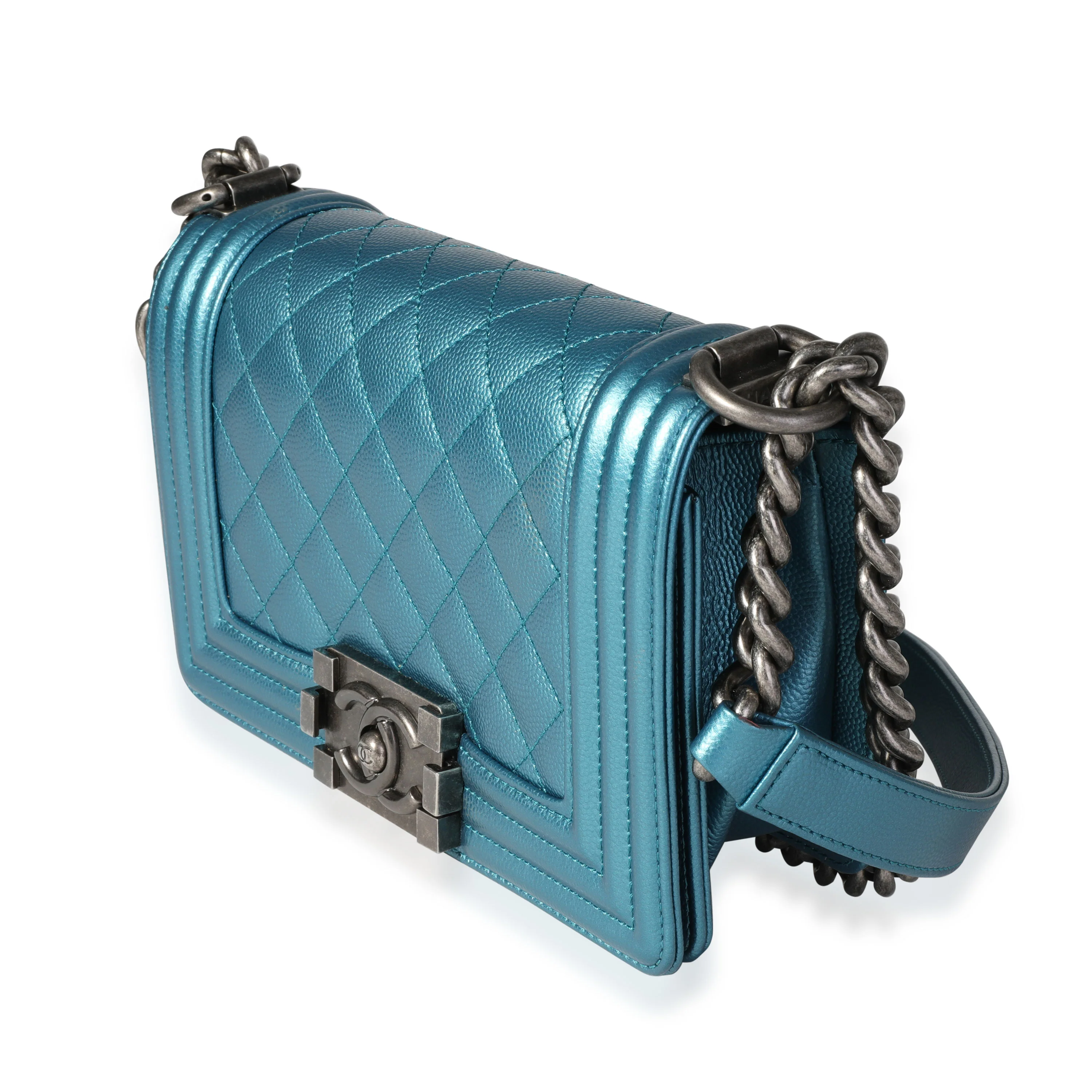 Chanel Blue Metallic Quilted Caviar Small Boy Bag - Image 2