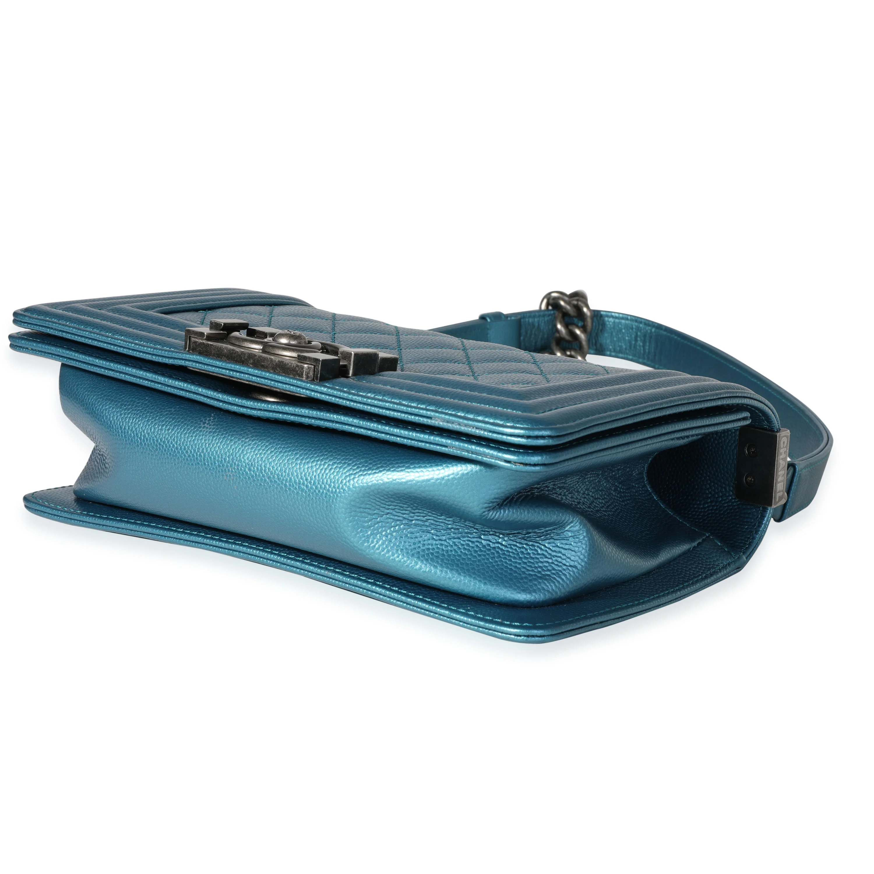Chanel Blue Metallic Quilted Caviar Small Boy Bag - Image 6