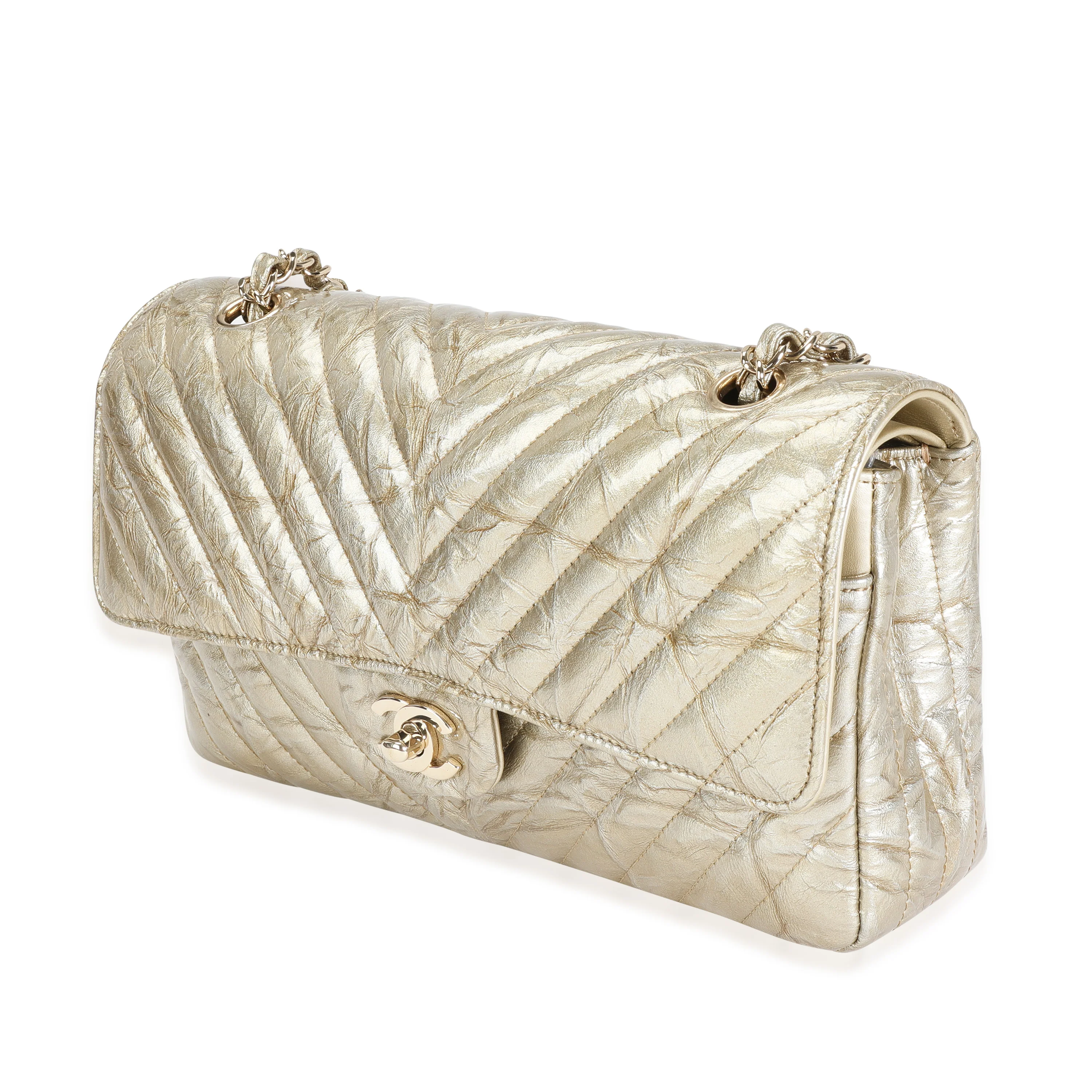 Chanel Gold Chevron Quilted Patent Leather Medium Classic Double Flap Bag - Image 2