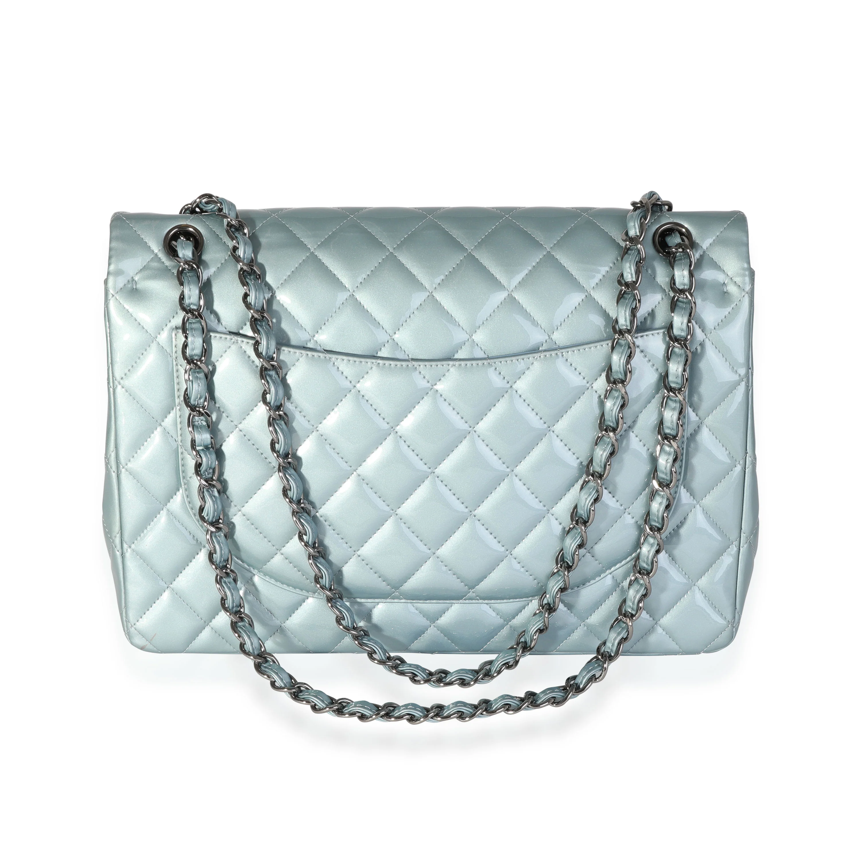 Chanel Light Blue Quilted Patent Leather Maxi Classic Double Flap - Image 3