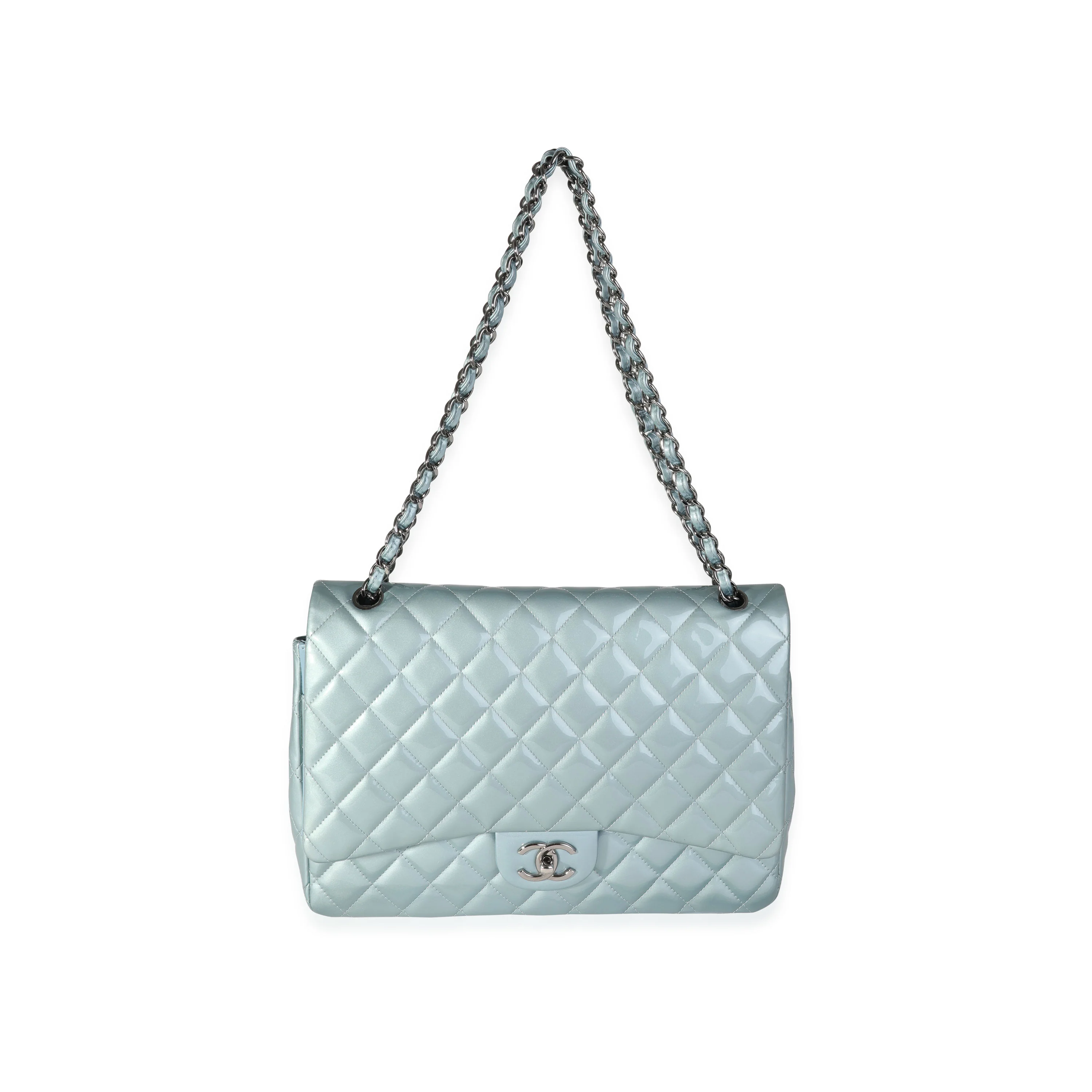 Chanel Light Blue Quilted Patent Leather Maxi Classic Double Flap - Image 4