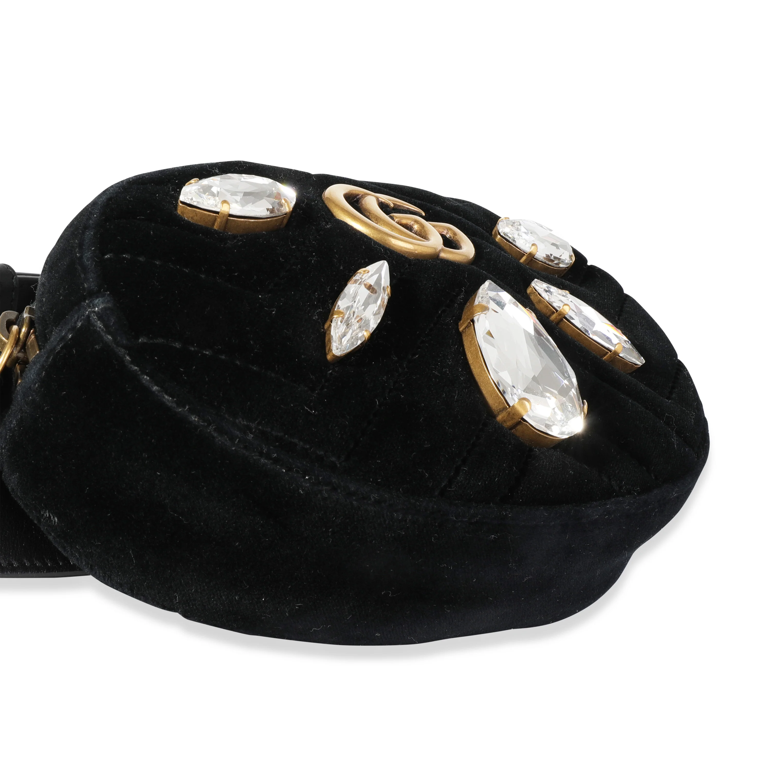Gucci Black Matelassé Velvet & Black Leather Crystal Marmont Belt Bag 85 - Image 3