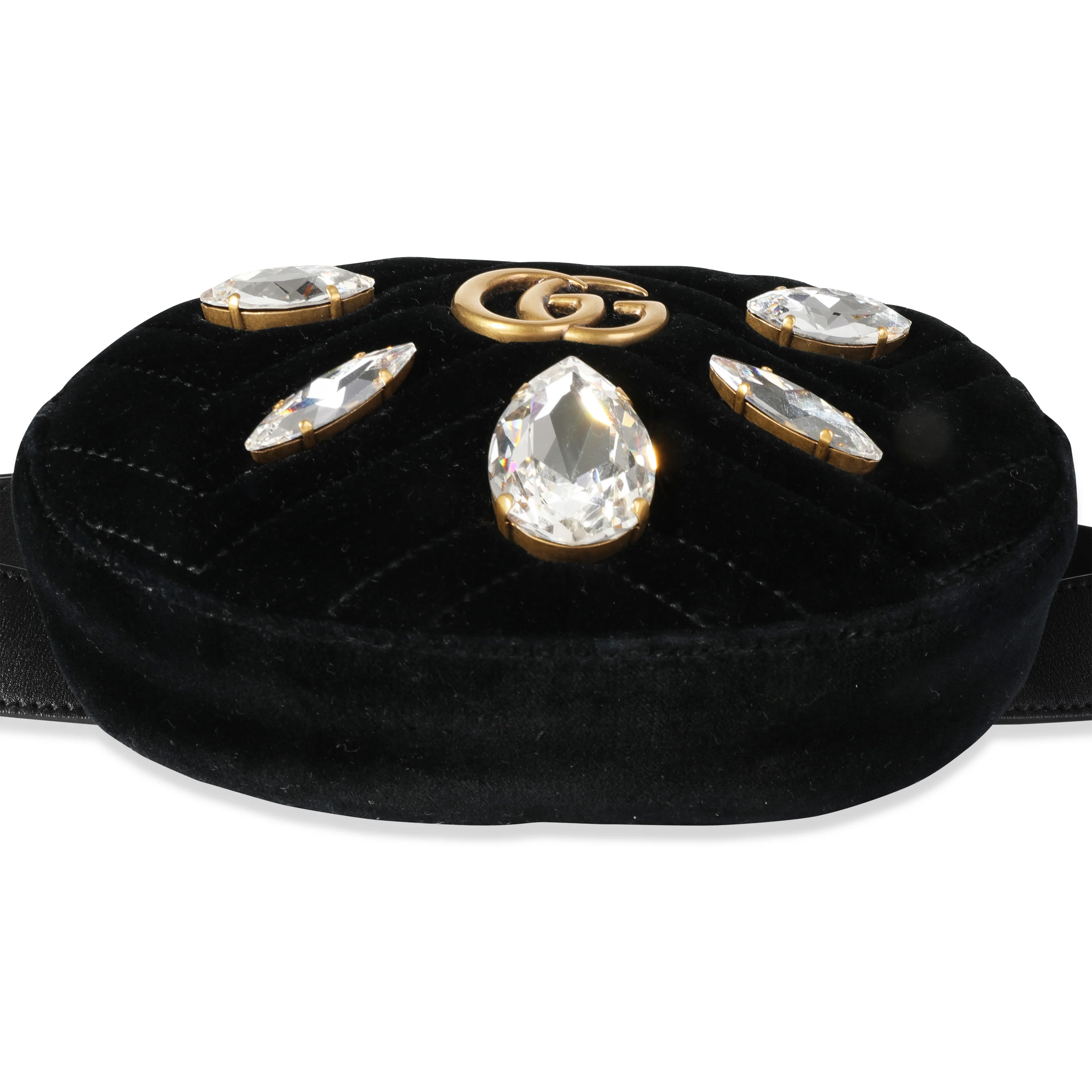 Gucci Black Matelassé Velvet & Black Leather Crystal Marmont Belt Bag 85 - Image 6