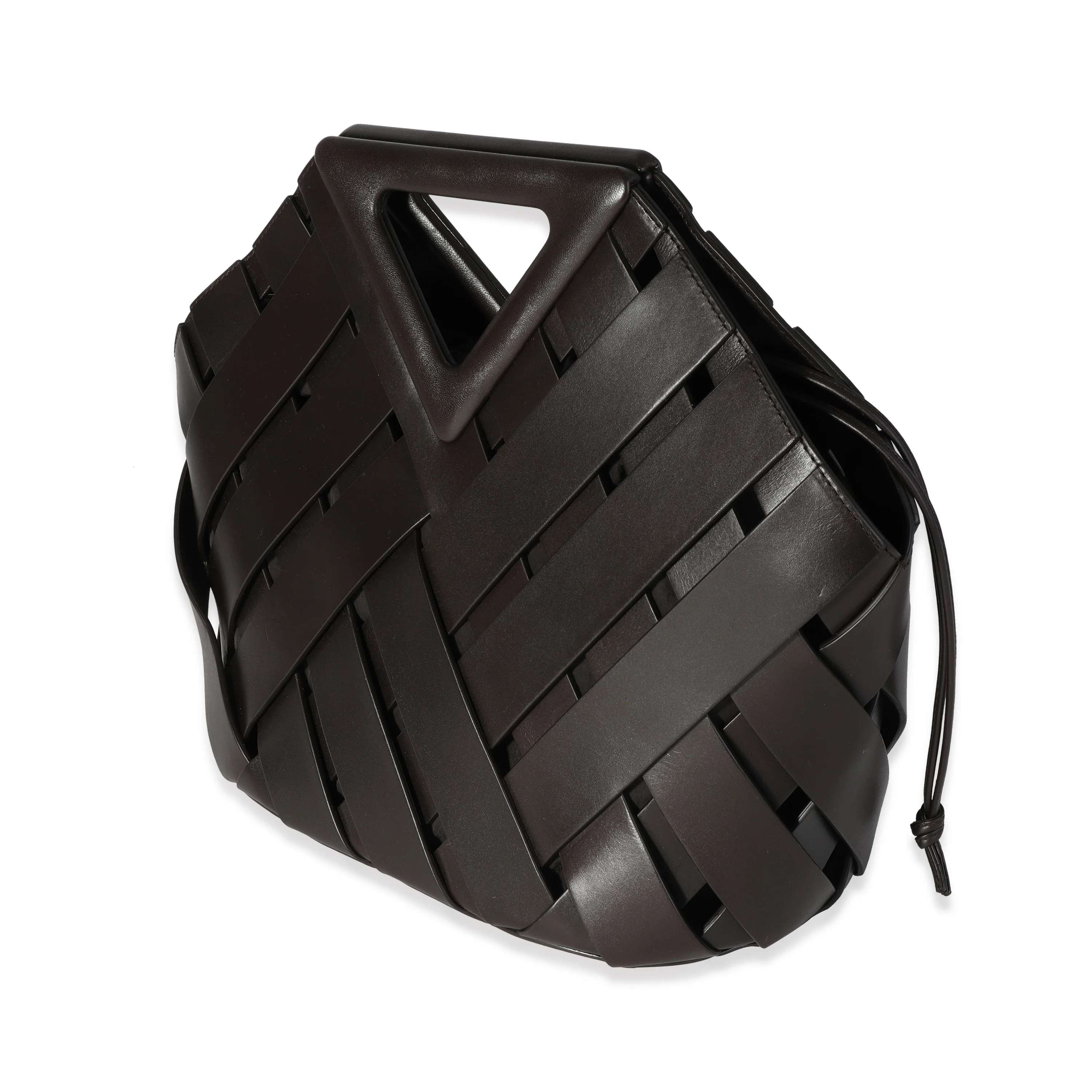 Dark Brown Leather V Woven Drawstring Tote Bag - Image 2