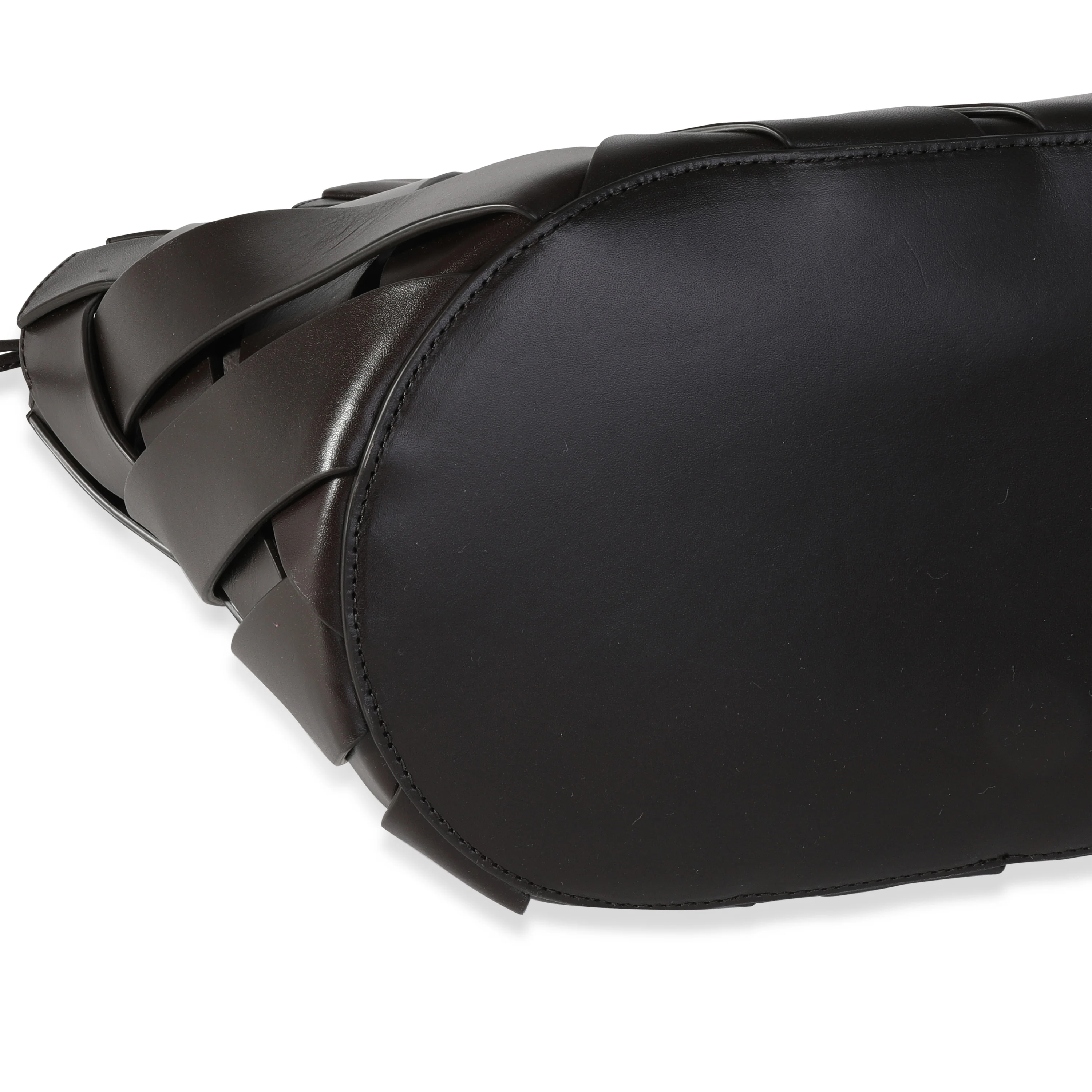 Dark Brown Leather V Woven Drawstring Tote Bag - Image 6