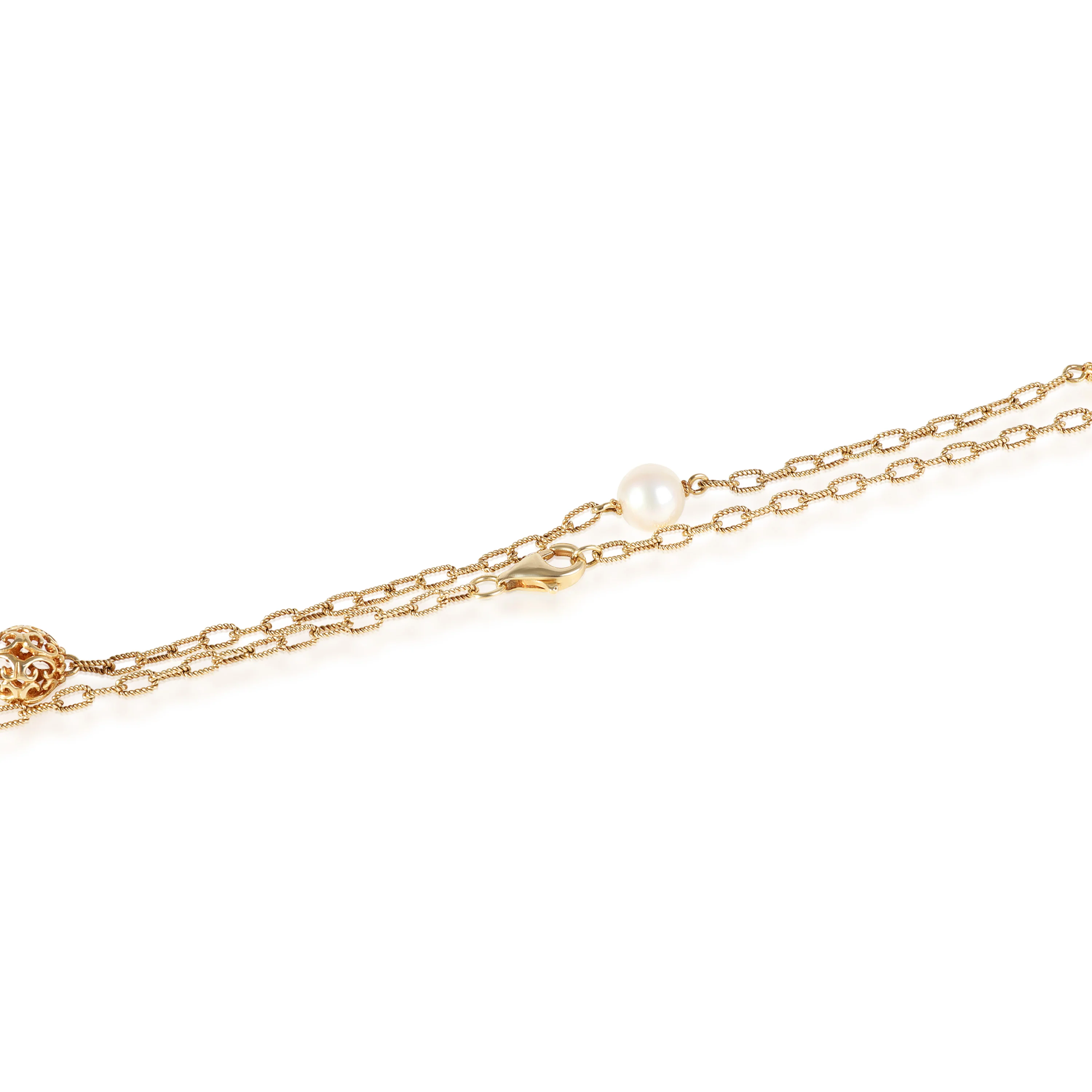 Pearl & Pierced Gold Bead Station Necklace in 14k Yellow Gold - Image 2