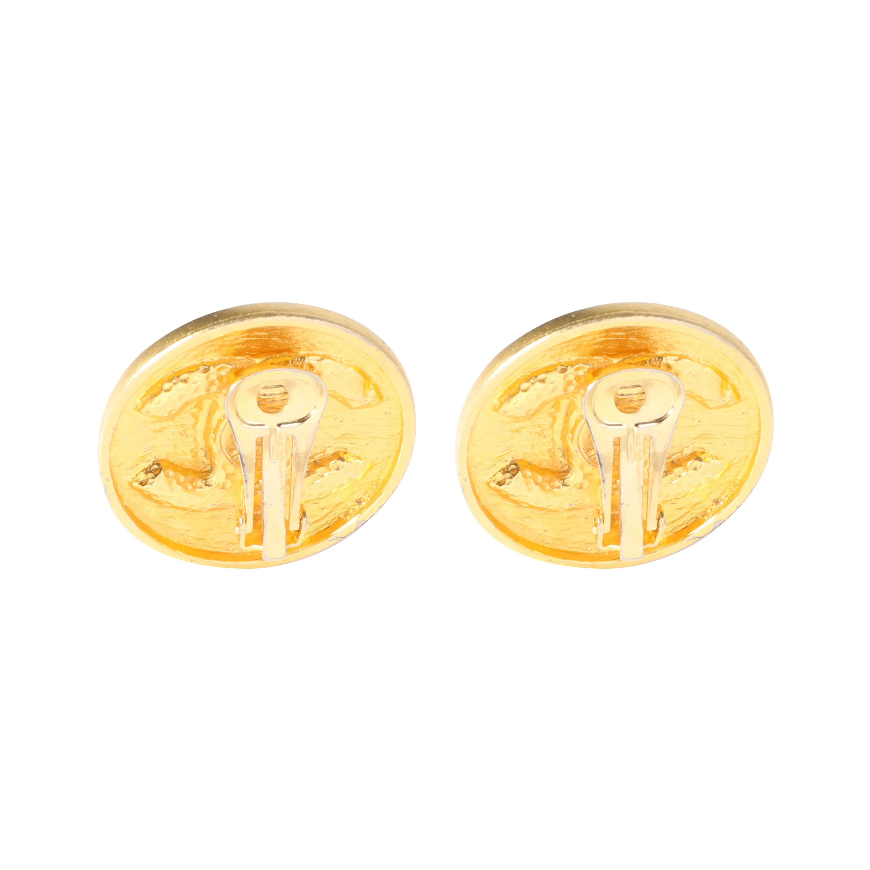 Gold Tone Chanel Large CC Button Earring - Image 3