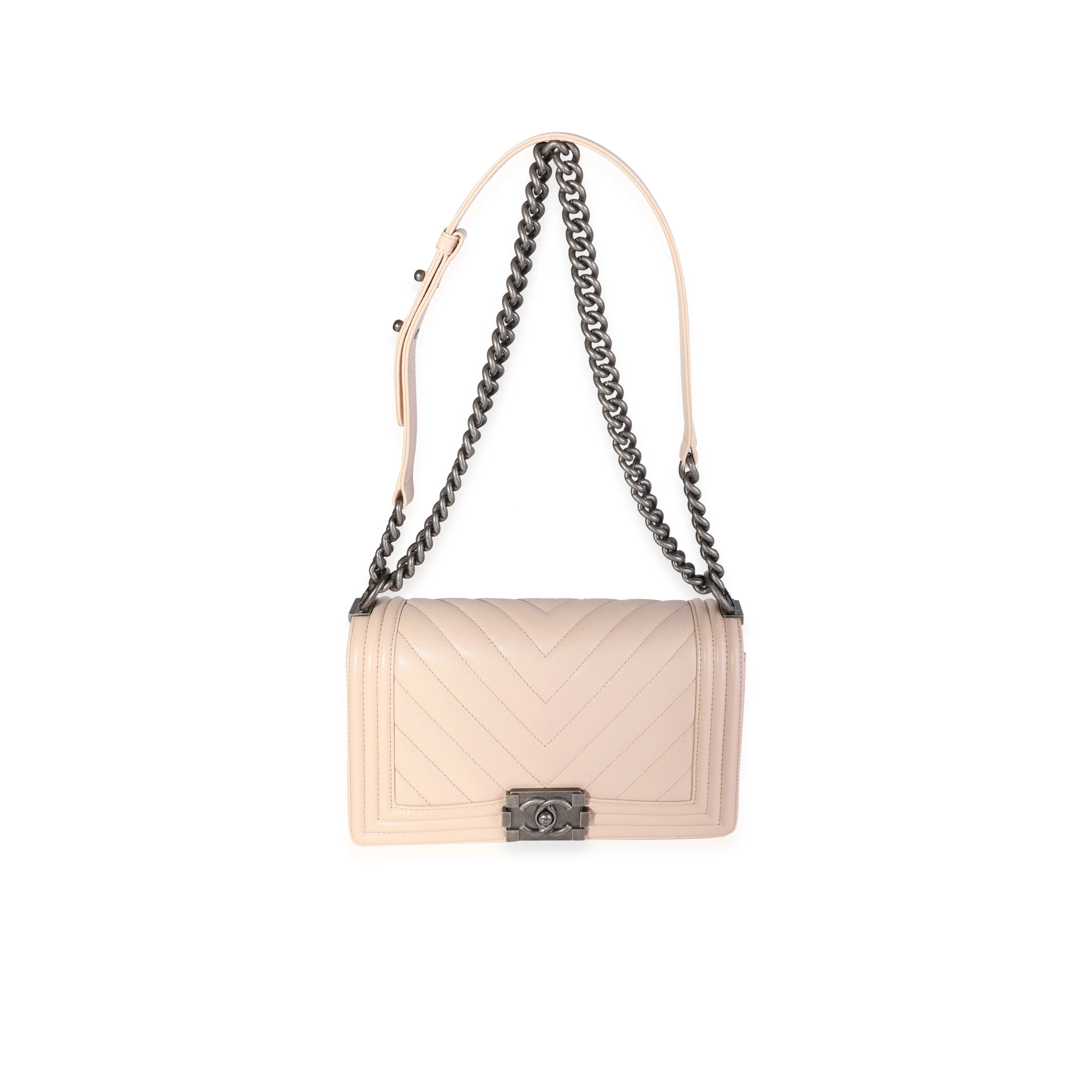 Chanel Beige Chevron Quilted Caviar Old Medium Boy Bag - Image 4