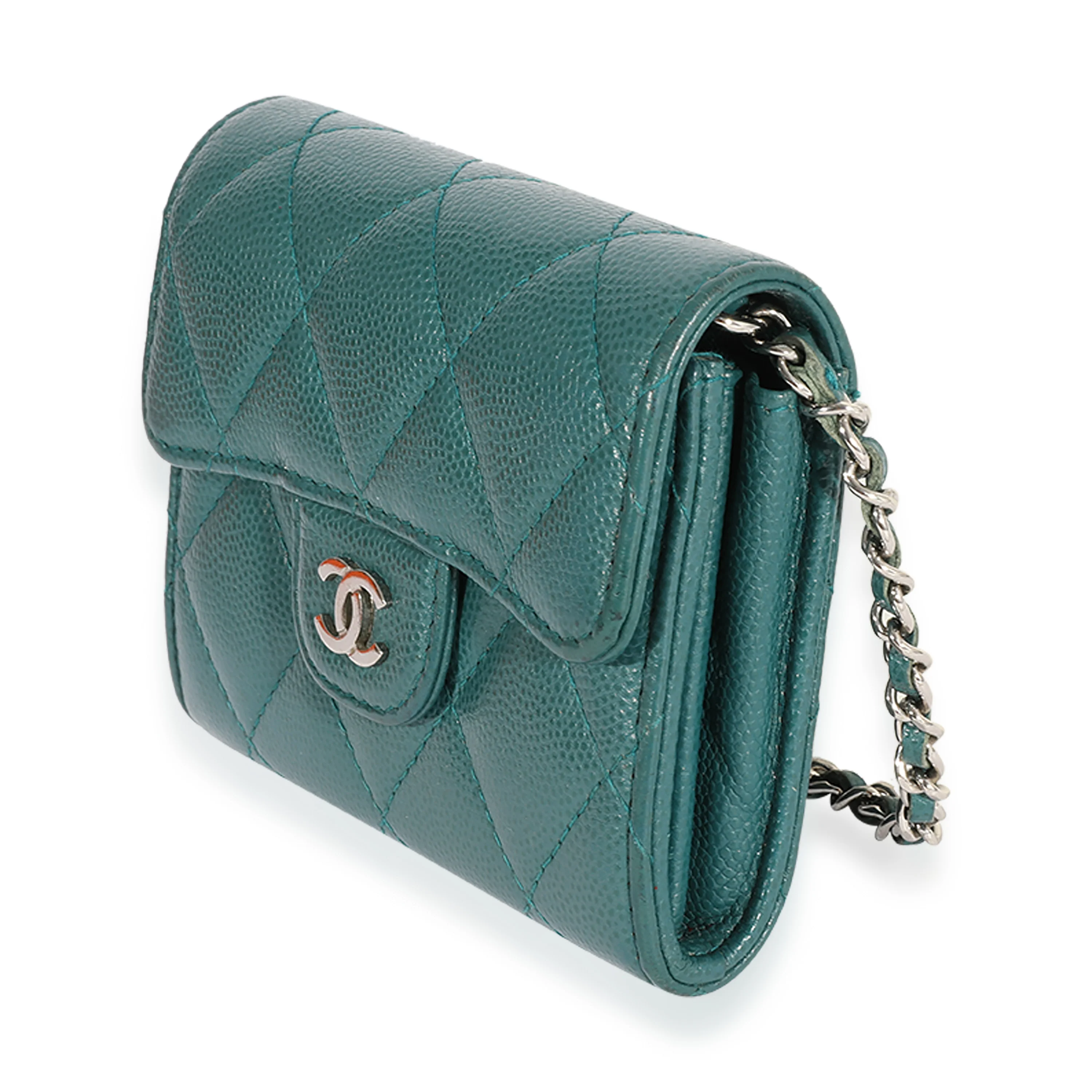 Teal Quilted Caviar Classic Card Holder on Chain Handbag - Image 2