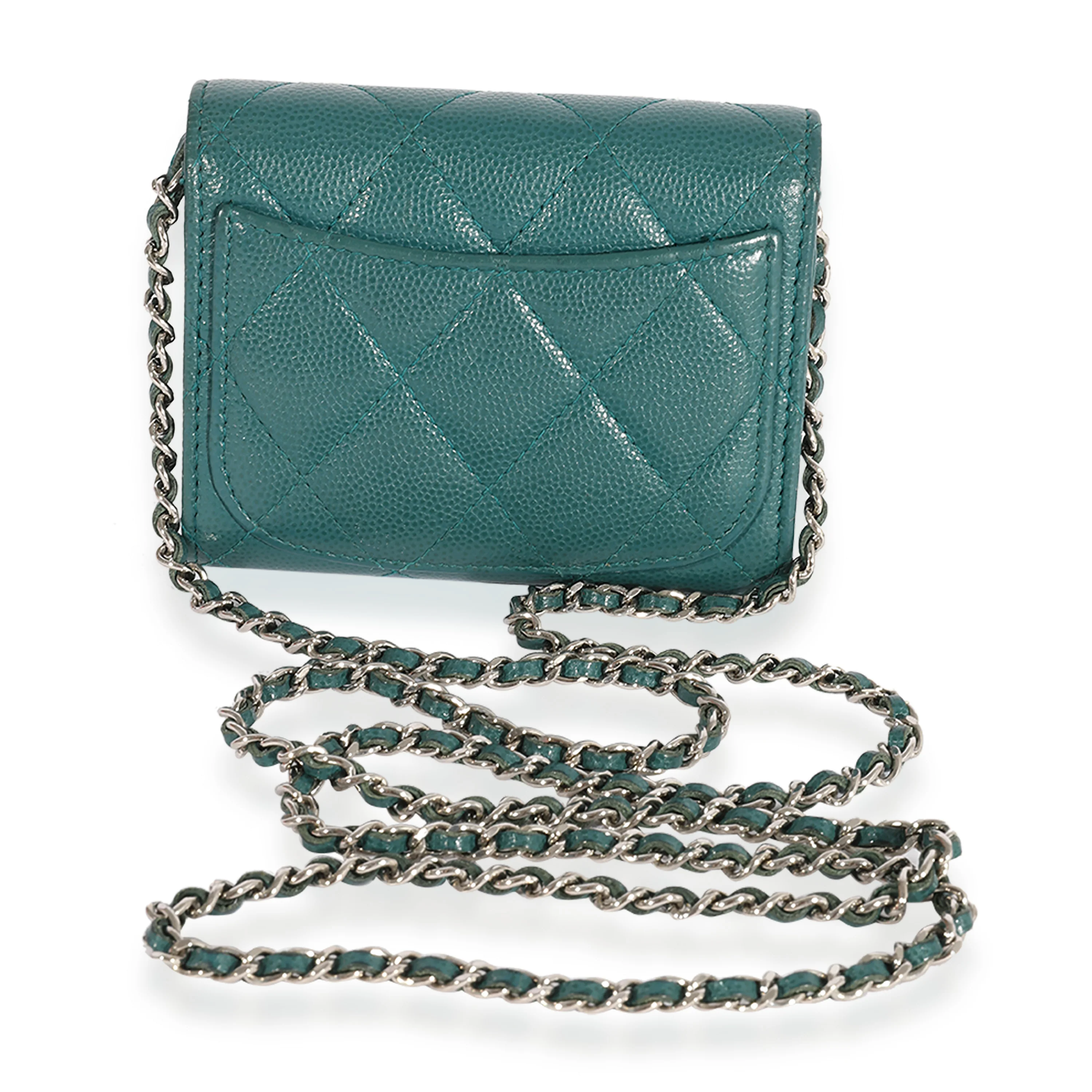 Teal Quilted Caviar Classic Card Holder on Chain Handbag - Image 3