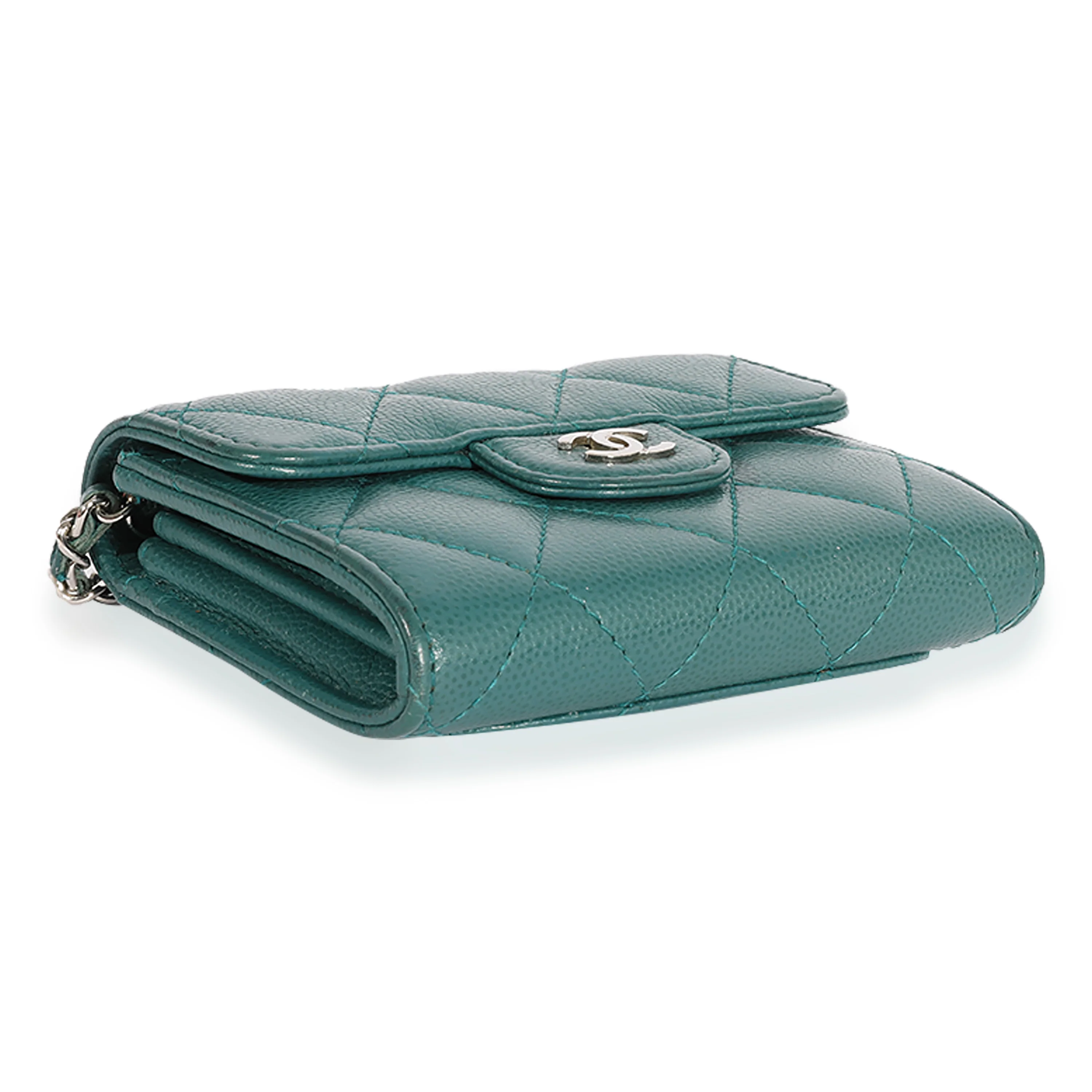 Teal Quilted Caviar Classic Card Holder on Chain Handbag - Image 4