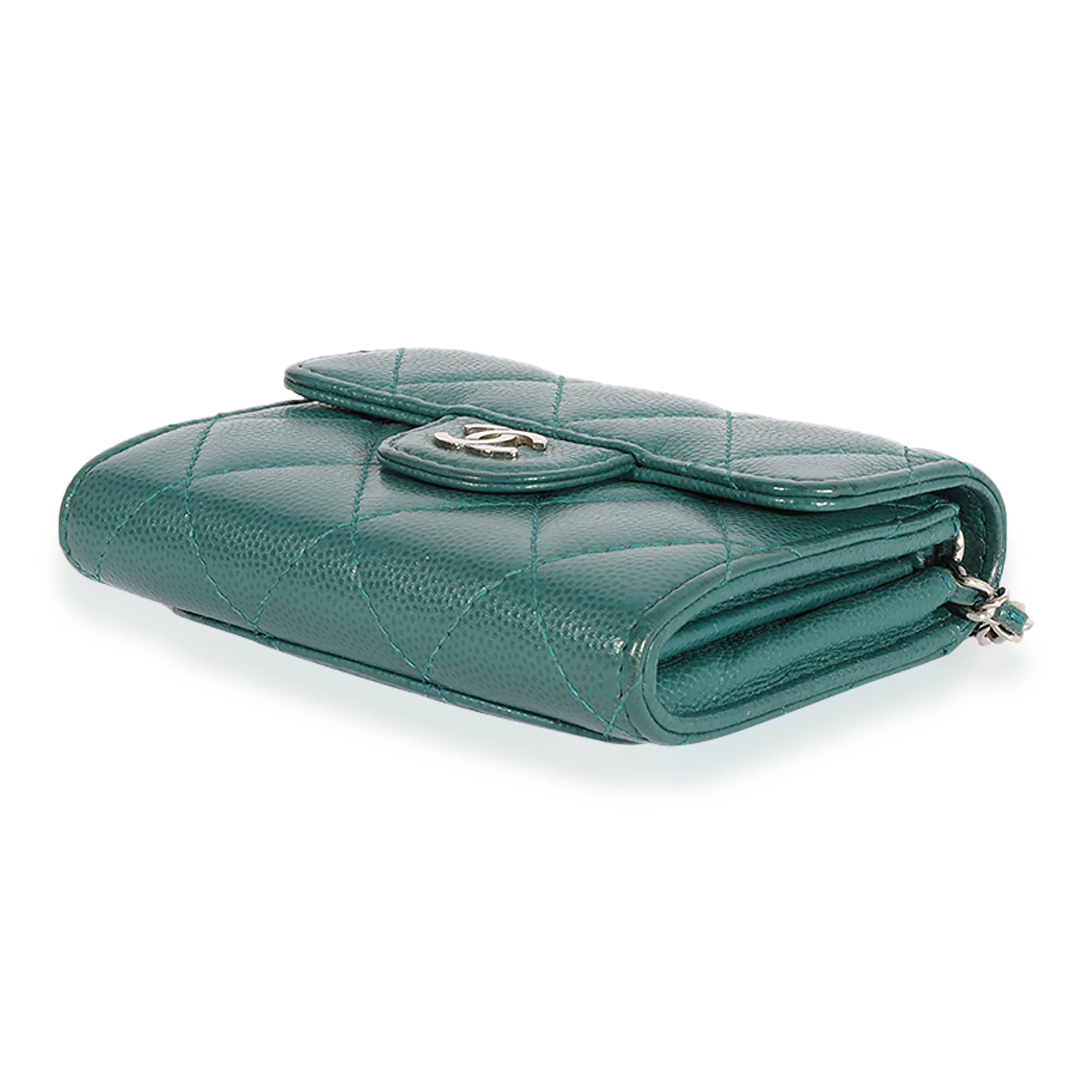Teal Quilted Caviar Classic Card Holder on Chain Handbag - Image 6