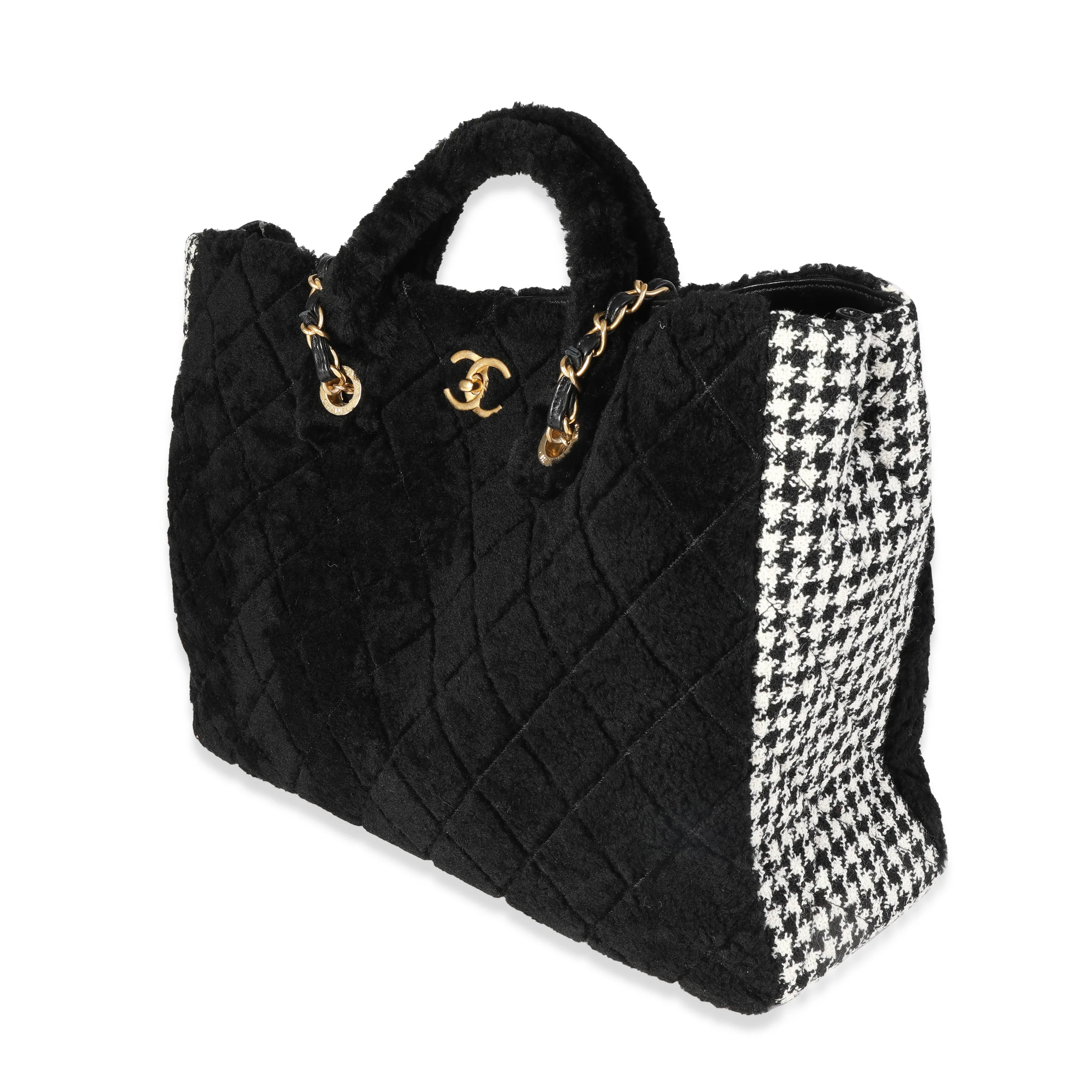 Chanel Black Shearling & Houndstooth Boucle Shopper Tote - Image 2