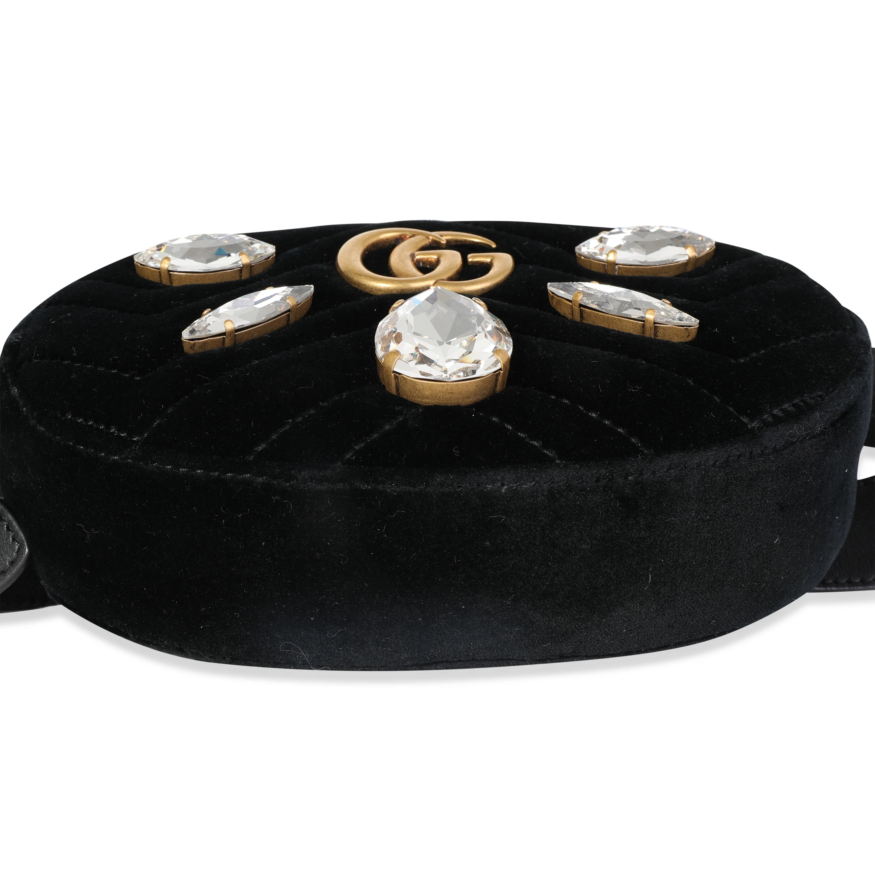 Gucci Black Crystal Matelassé Velvet GG Marmont Belt Bag 85 - Image 5