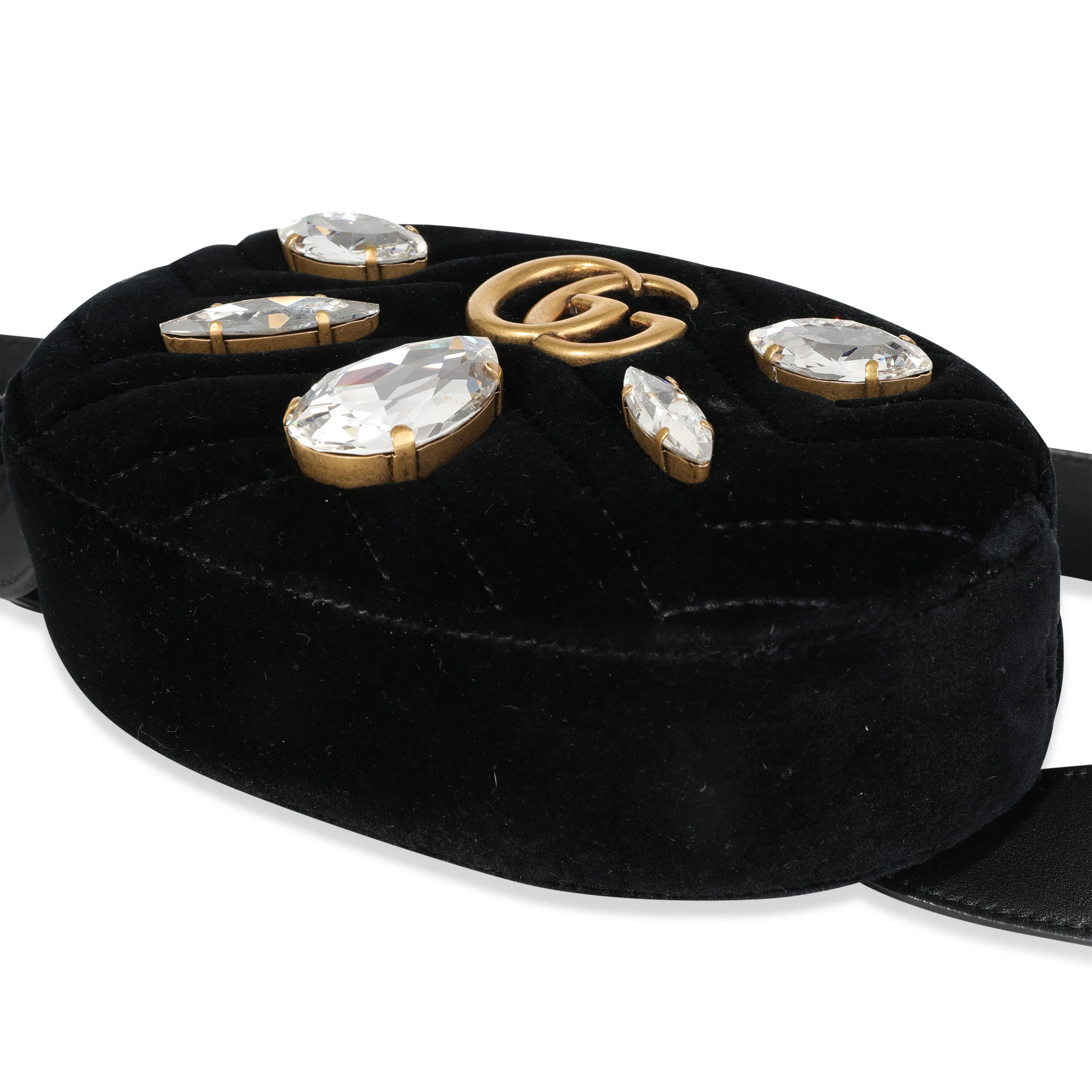 Gucci Black Crystal Matelassé Velvet GG Marmont Belt Bag 85 - Image 7