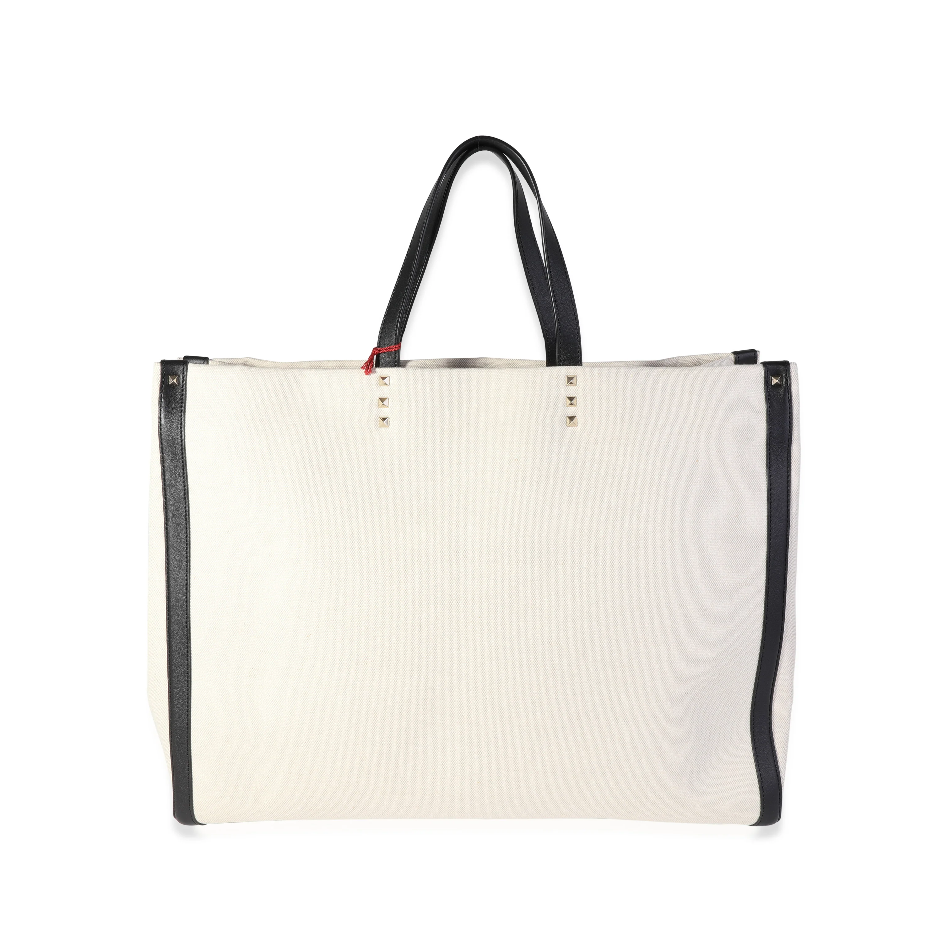 Valentino Natural Canvas & Black Leather VLTN Large Tote - Image 3