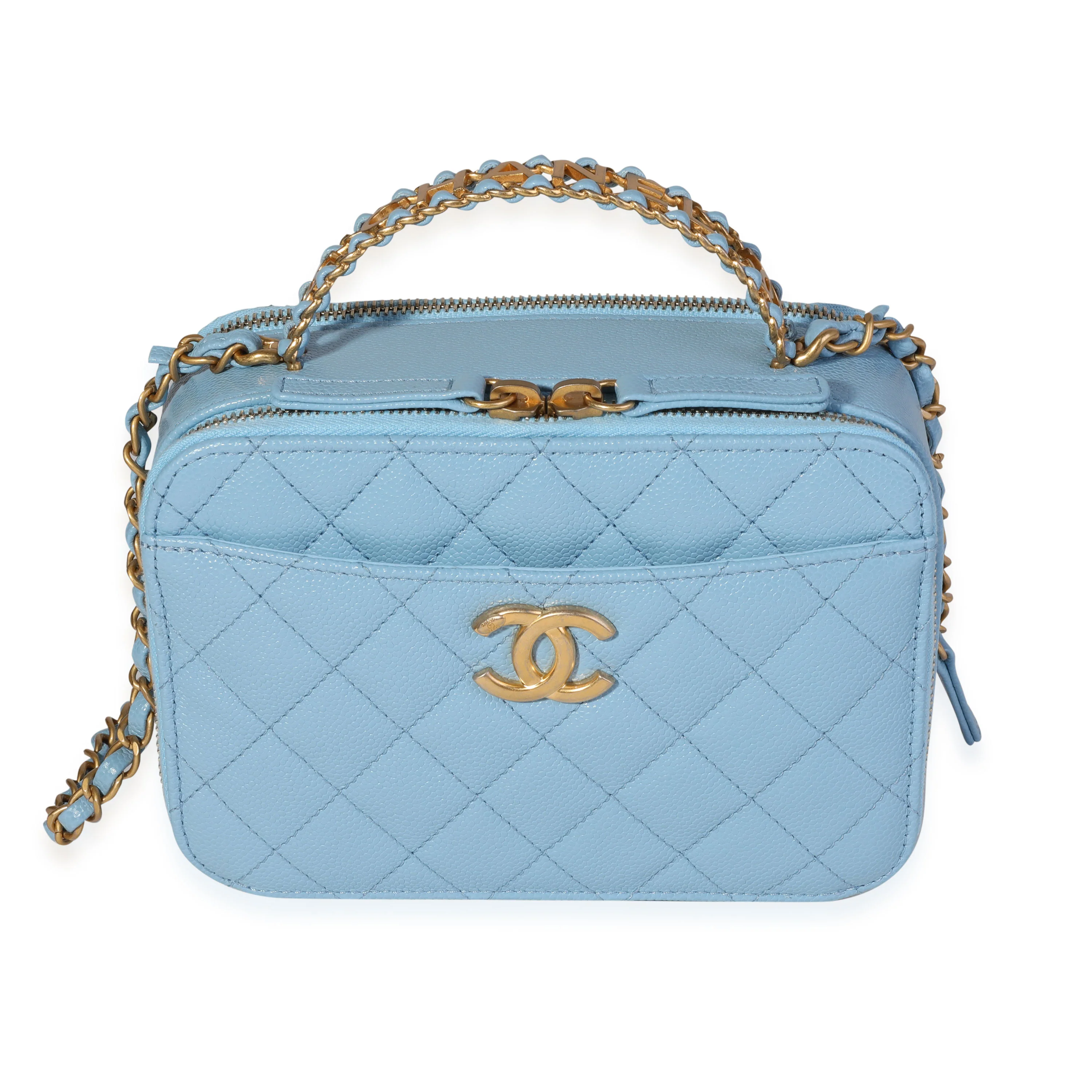 Chanel Light Blue Quilted Caviar Chanel Top Handle Vanity Case