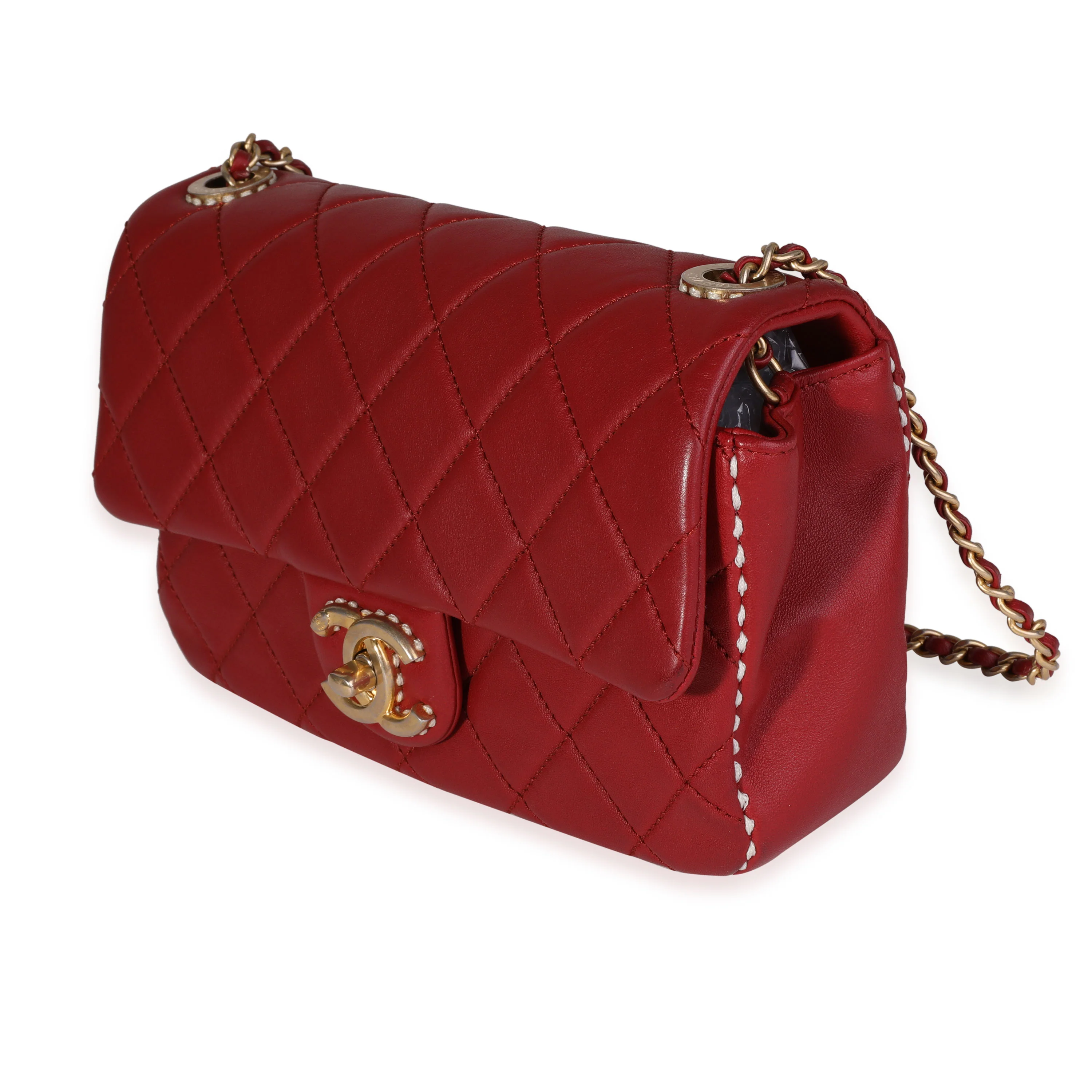 Chanel Red Quilted Lambskin Small Stitched Single Flap Bag - Image 2