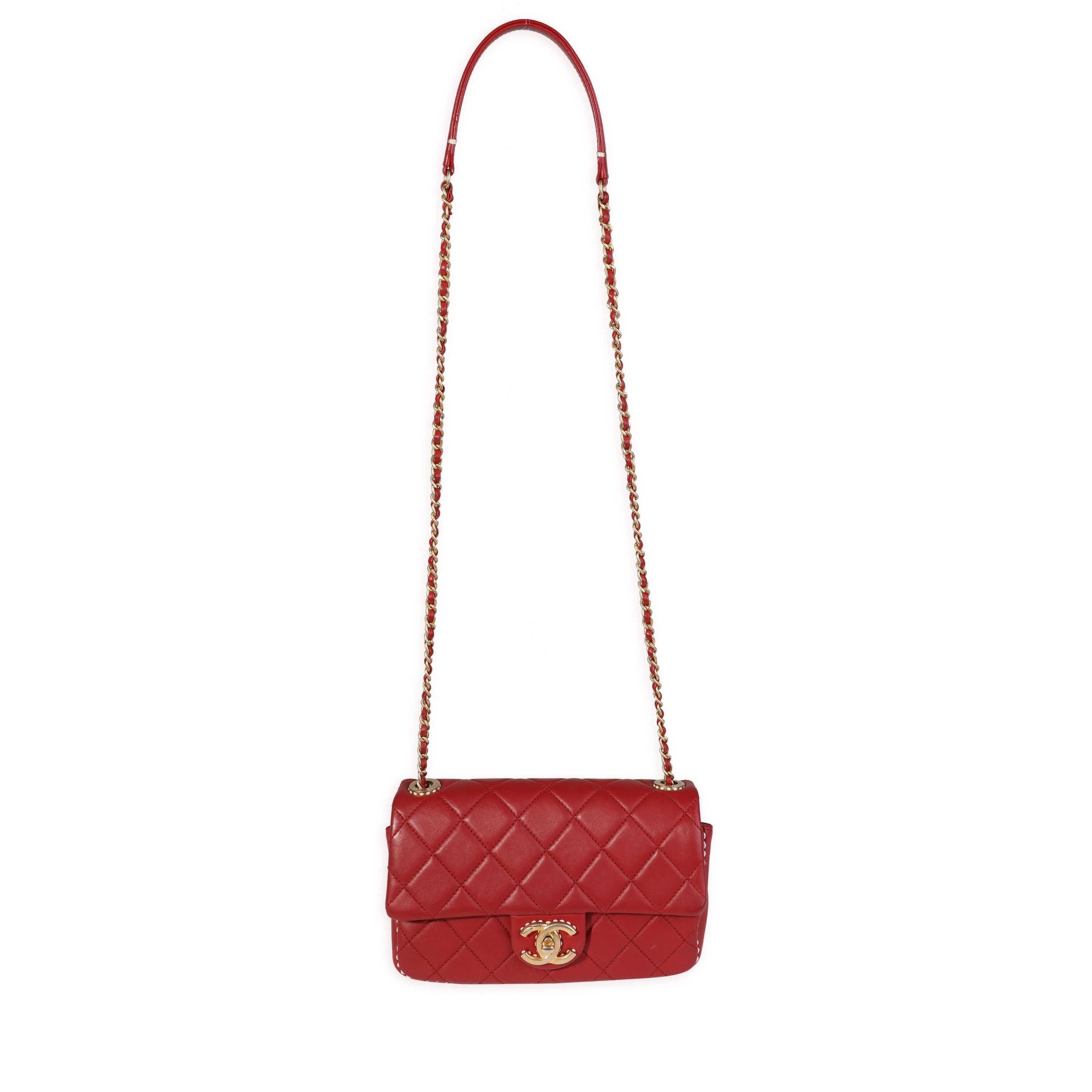 Chanel Red Quilted Lambskin Small Stitched Single Flap Bag - Image 4