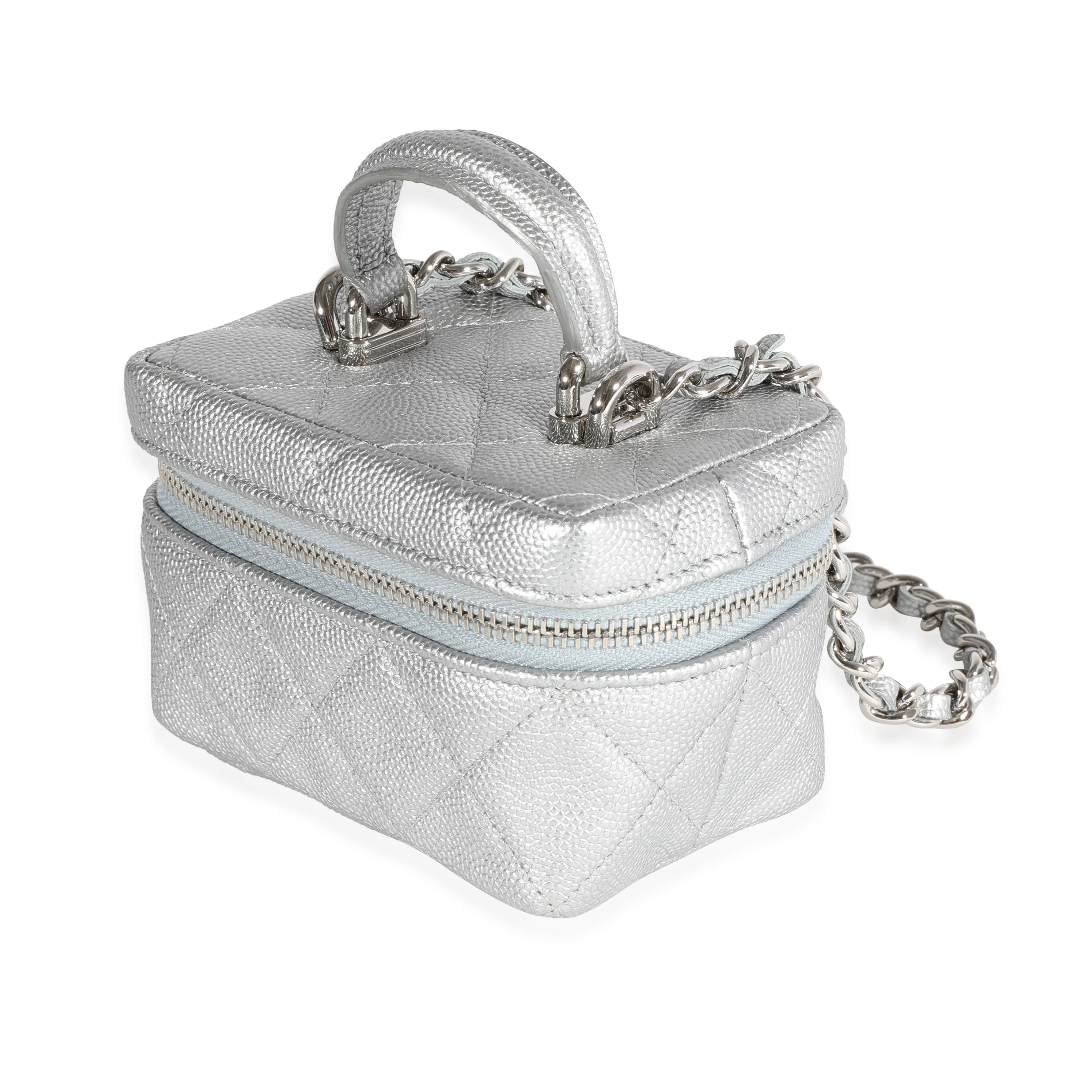 Chanel Silver Metallic Quilted Caviar Mini Vanity Bag With Chain - Image 2