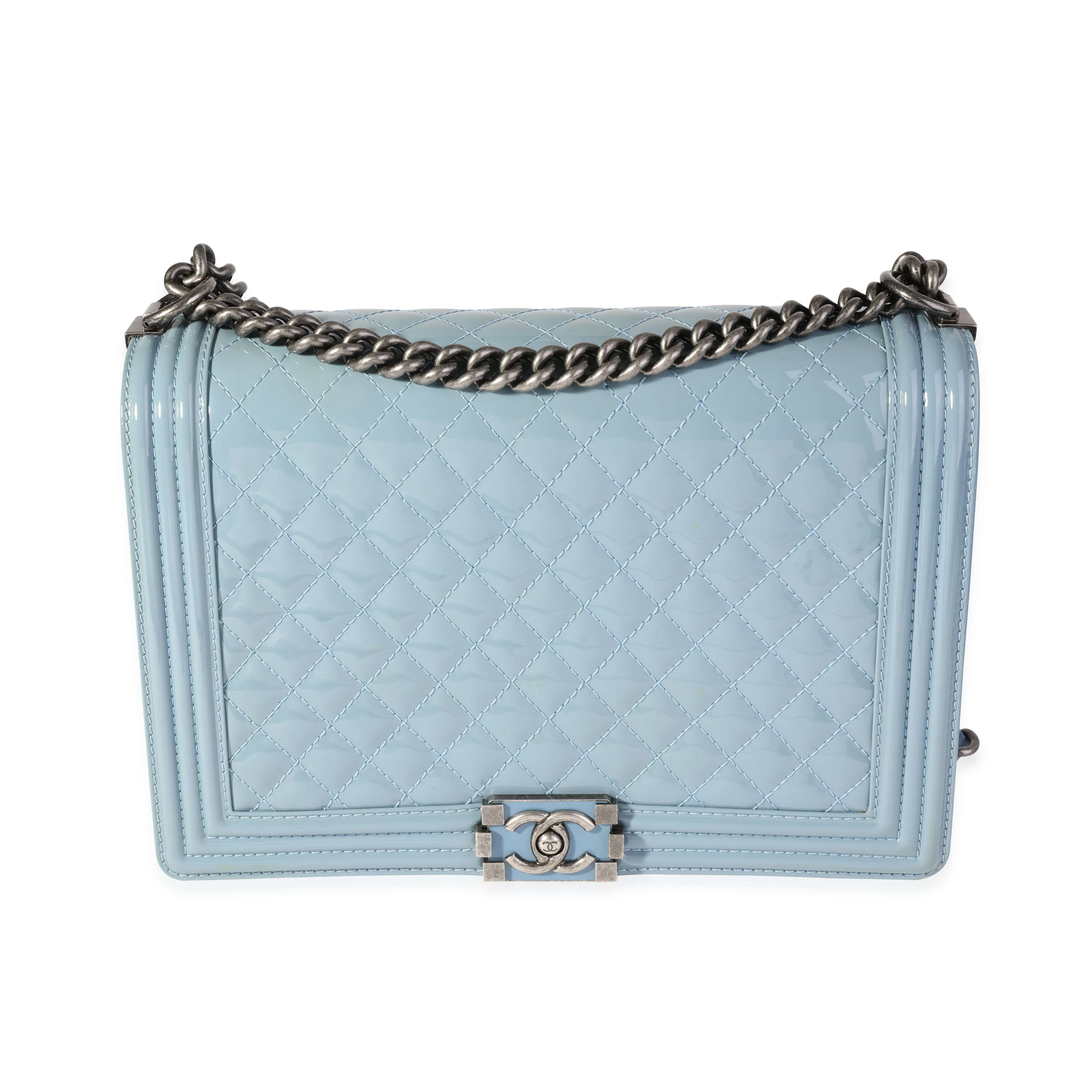 Light Blue Quilted Patent Leather Large Boy Bag