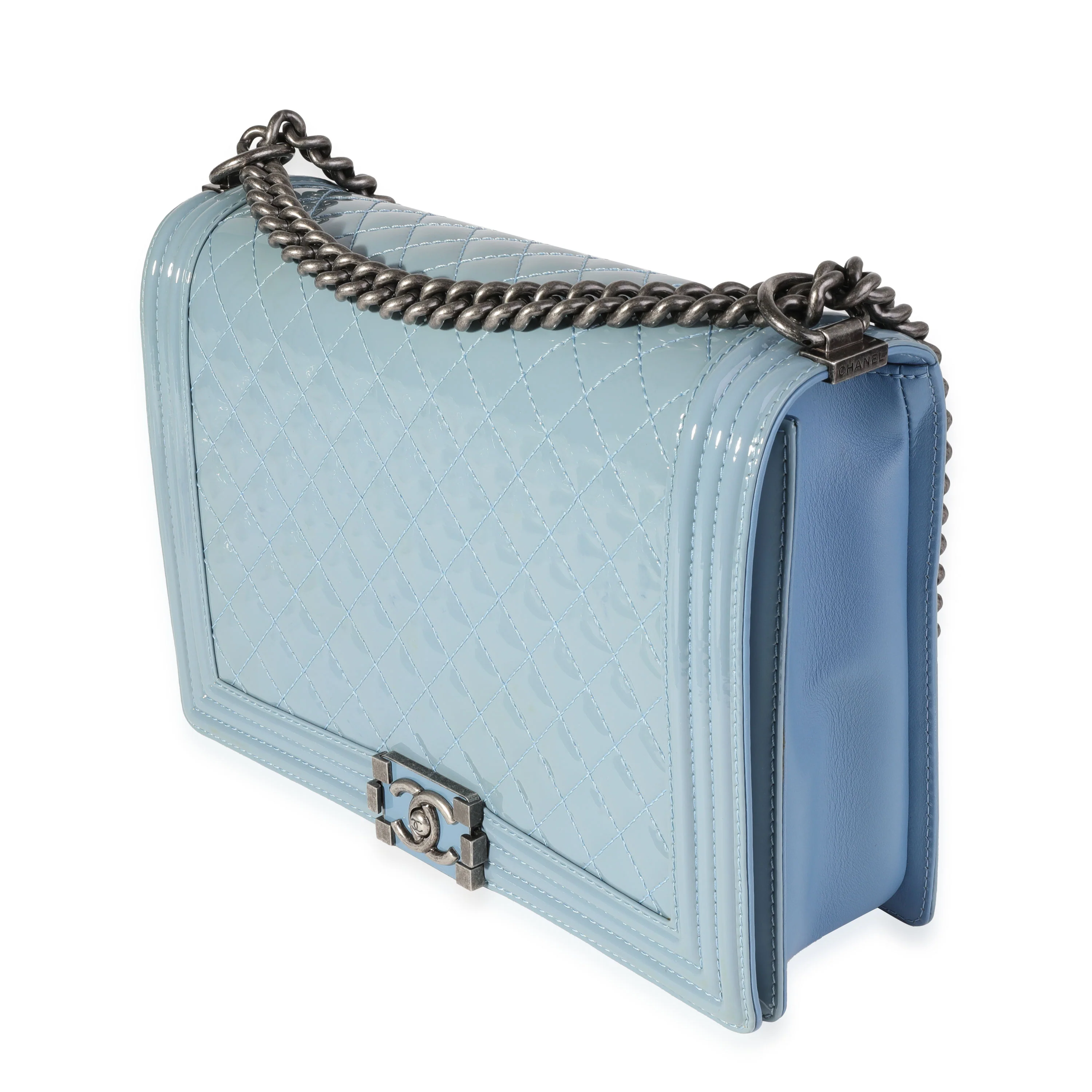 Light Blue Quilted Patent Leather Large Boy Bag - Image 2