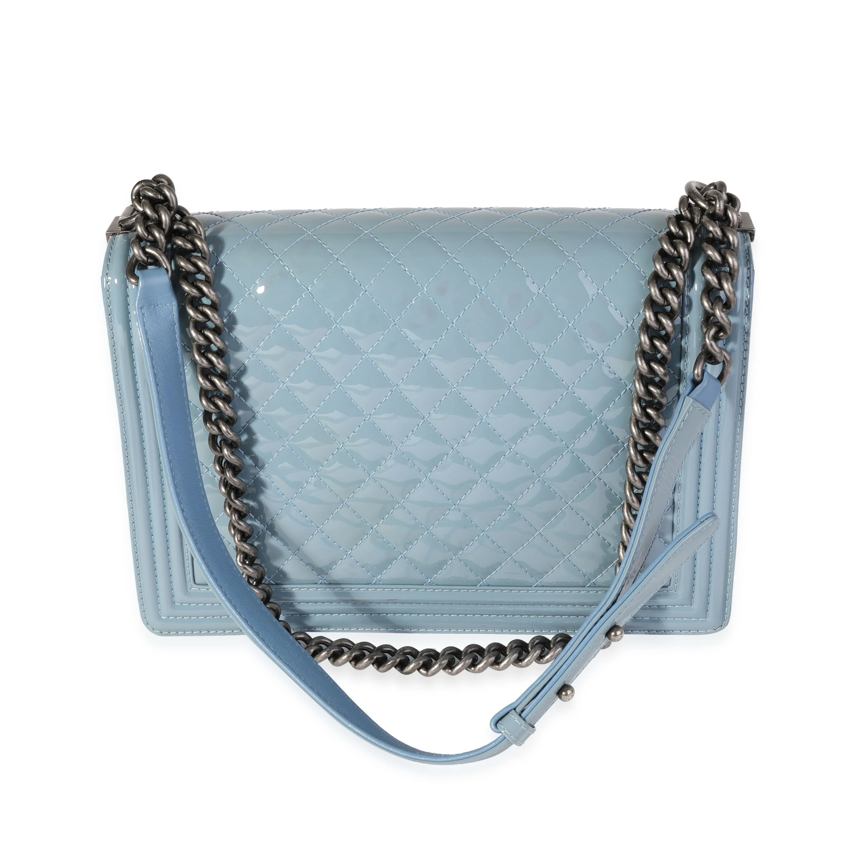Light Blue Quilted Patent Leather Large Boy Bag - Image 3